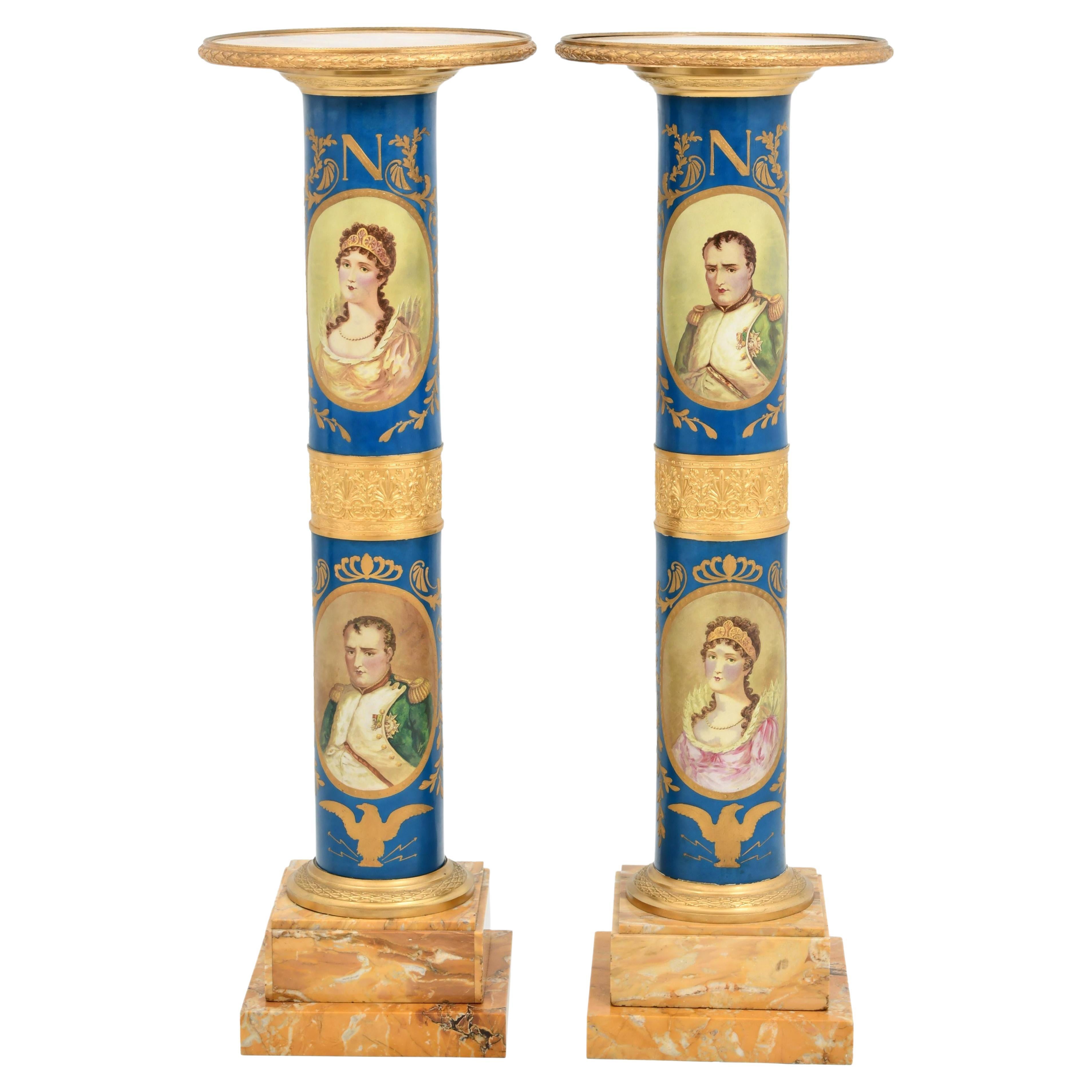 Fine and Rare Pair of French Gilt Bronze , Porcelain and Marble Pedestals For Sale