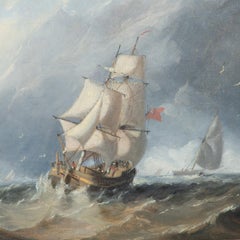 Une belle et petite peinture à l'huile d'un navire de ligne et d'autres navires