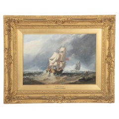 Une belle et petite peinture à l'huile d'un navire de ligne et d'autres navires