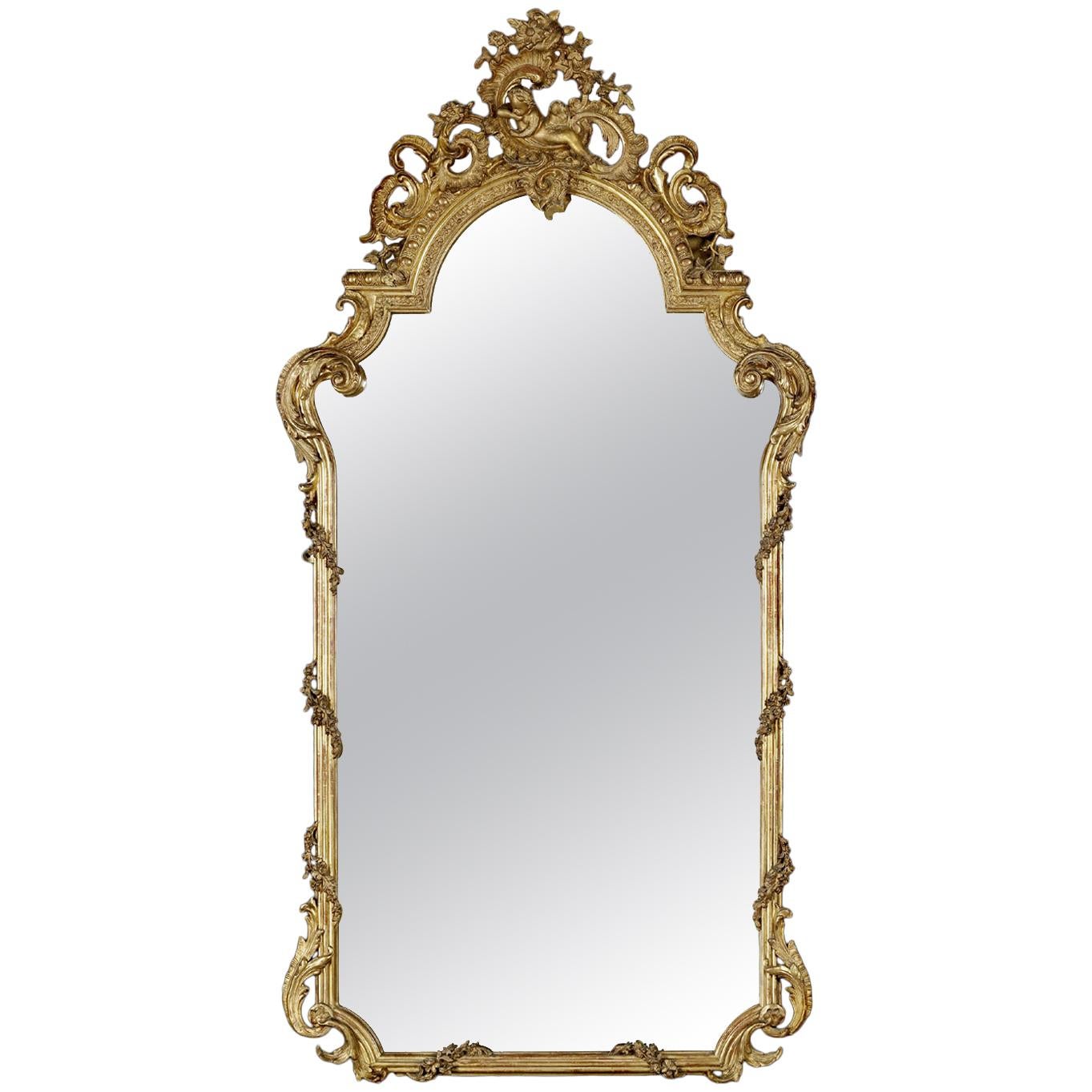 Fine and Tall Louis XV Style Carved Giltwood Mirror, circa 1870 For Sale