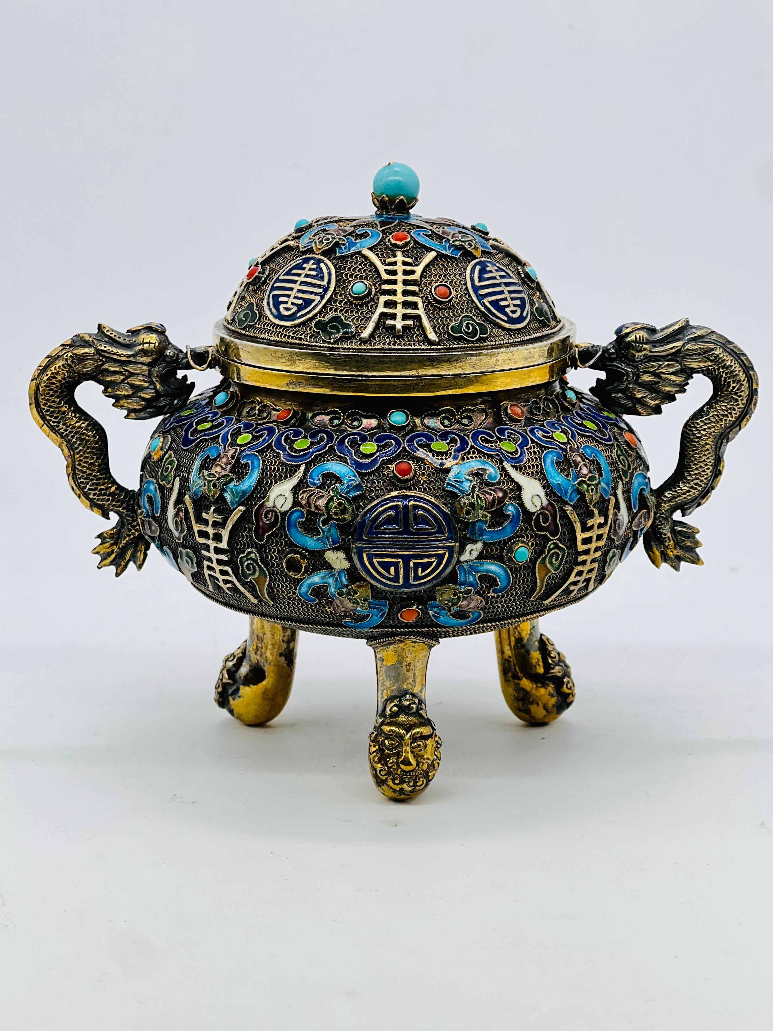A Fine Antique Chinese Silver Gilt Filigree Enamel Footed and Lidded Vessel 5