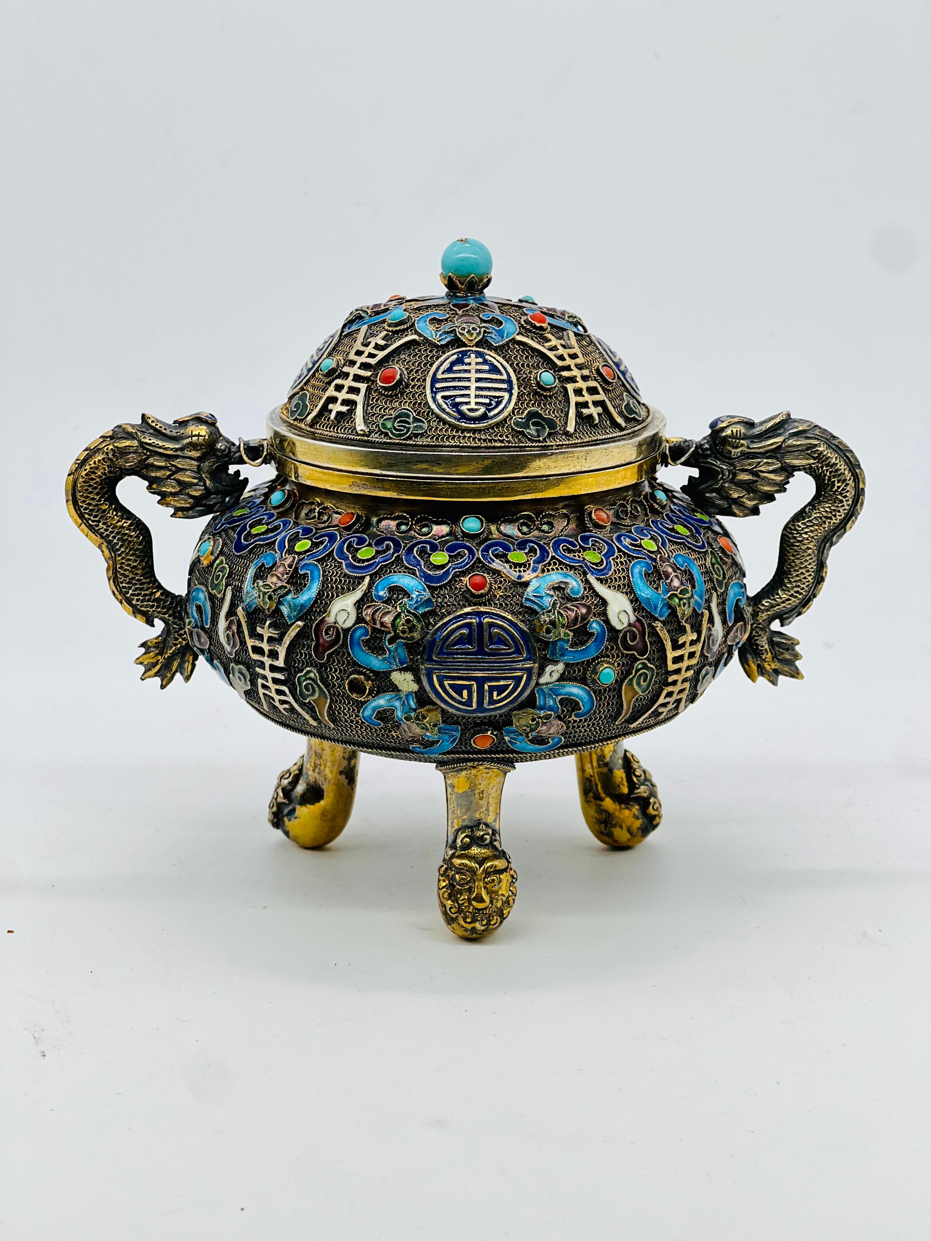 A Fine Antique Chinese Silver Gilt Filigree Enamel Footed and Lidded Vessel 6