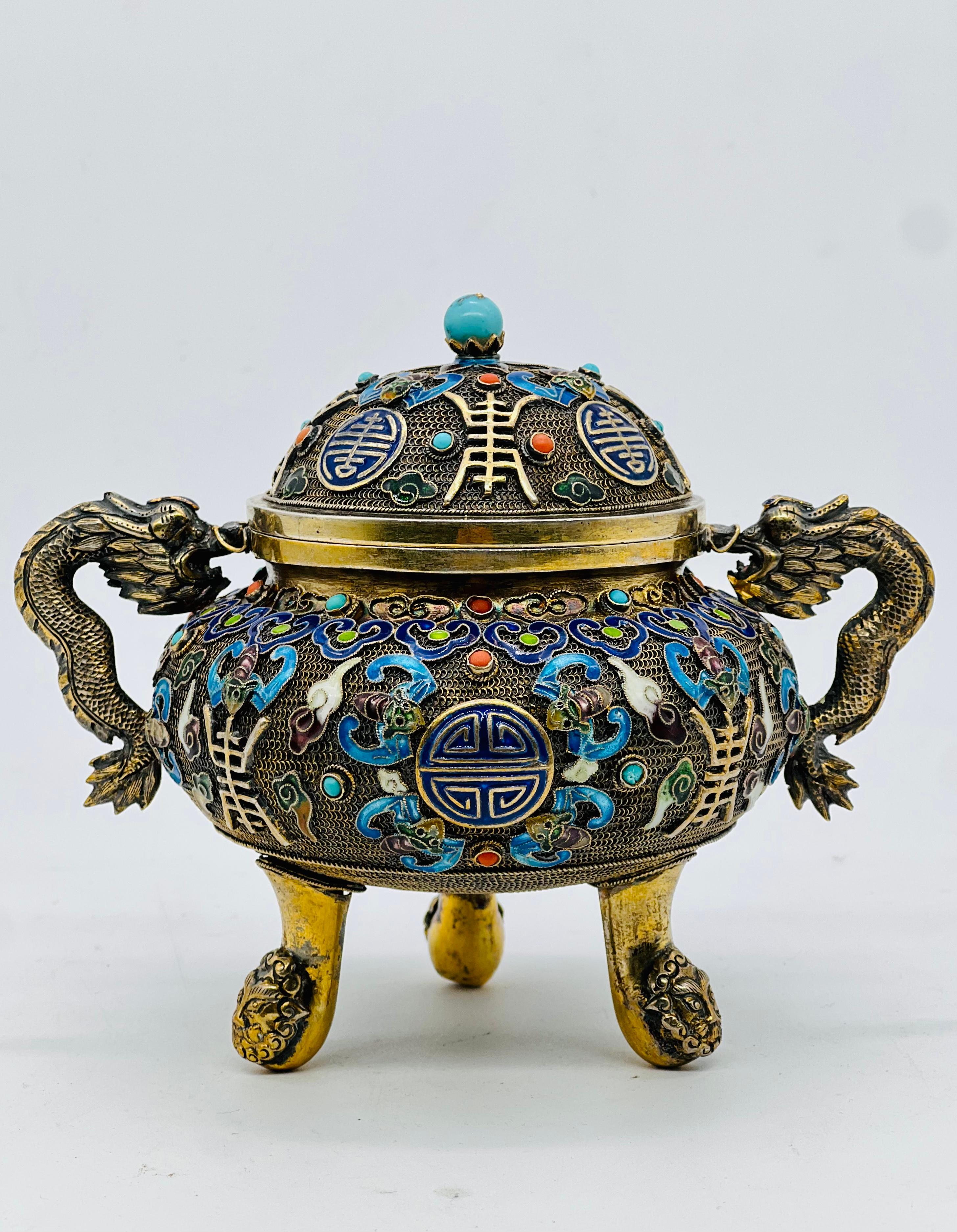 A Fine Antique Chinese Silver Gilt Filigree Enamel Footed and Lidded Vessel / incense burner.


Late Qing, early republic period.



An antique Chinese export silver filigree Lidded Vessel or incense burner of a globular form , sectioned body