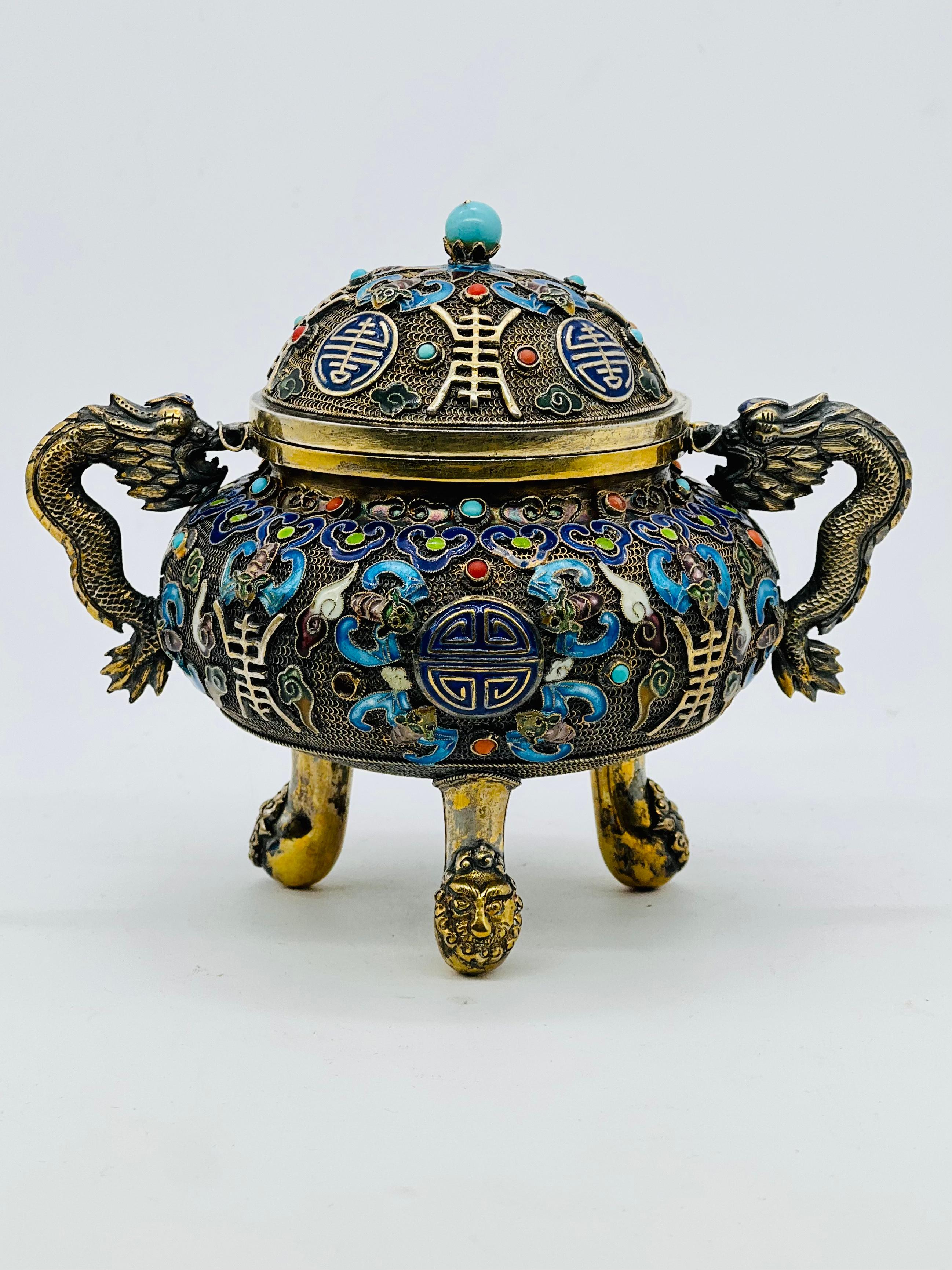 A Fine Antique Chinese Silver Gilt Filigree Enamel Footed and Lidded Vessel In Good Condition In London, GB