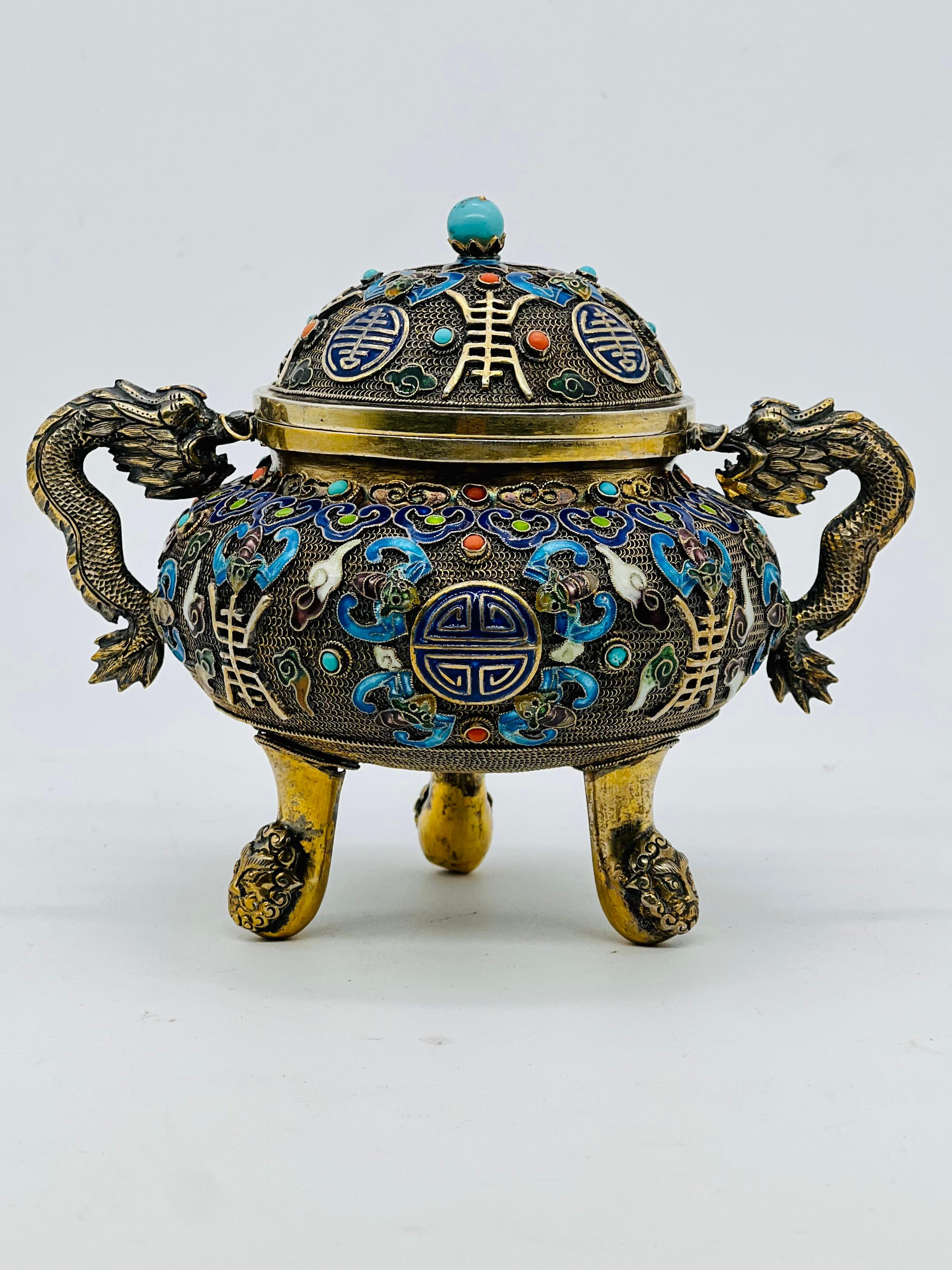 20th Century A Fine Antique Chinese Silver Gilt Filigree Enamel Footed and Lidded Vessel