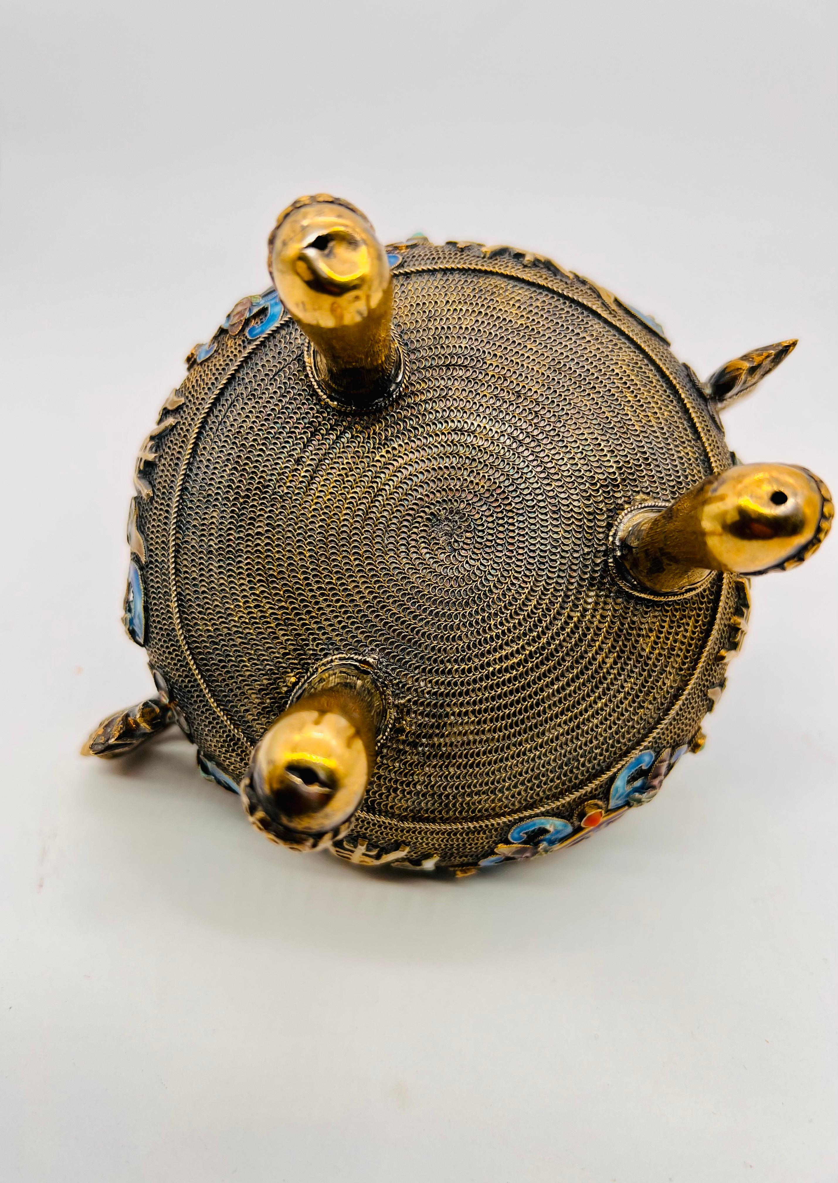 A Fine Antique Chinese Silver Gilt Filigree Enamel Footed and Lidded Vessel 4
