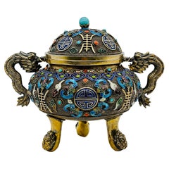 A Fine Antique Chinese Silver Gilt Filigree Enamel Footed and Lidded Vessel