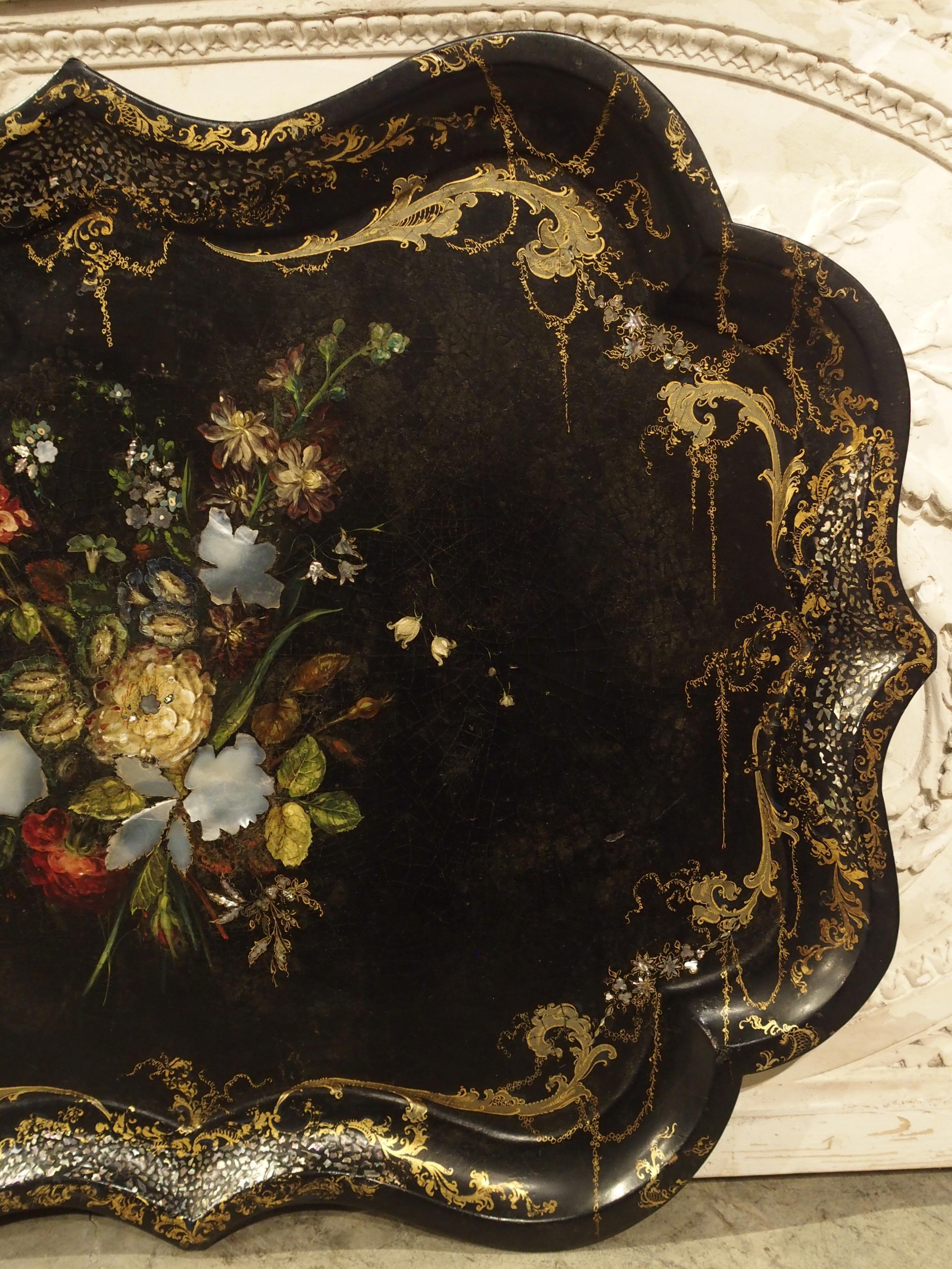 Fine Antique English Painted Tray with Mother of Pearl Insets, circa 1850 10