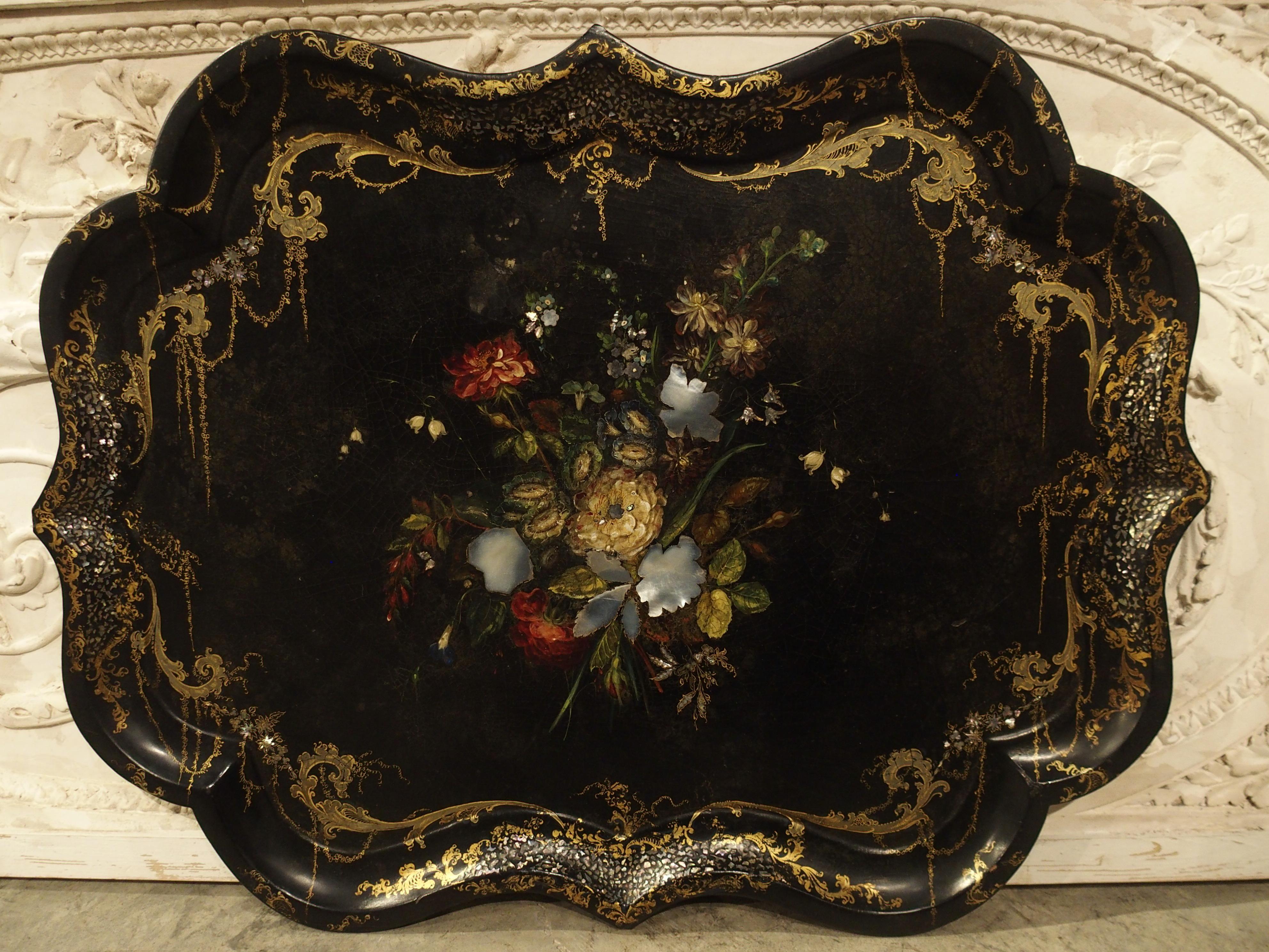 Fine Antique English Painted Tray with Mother of Pearl Insets, circa 1850 12