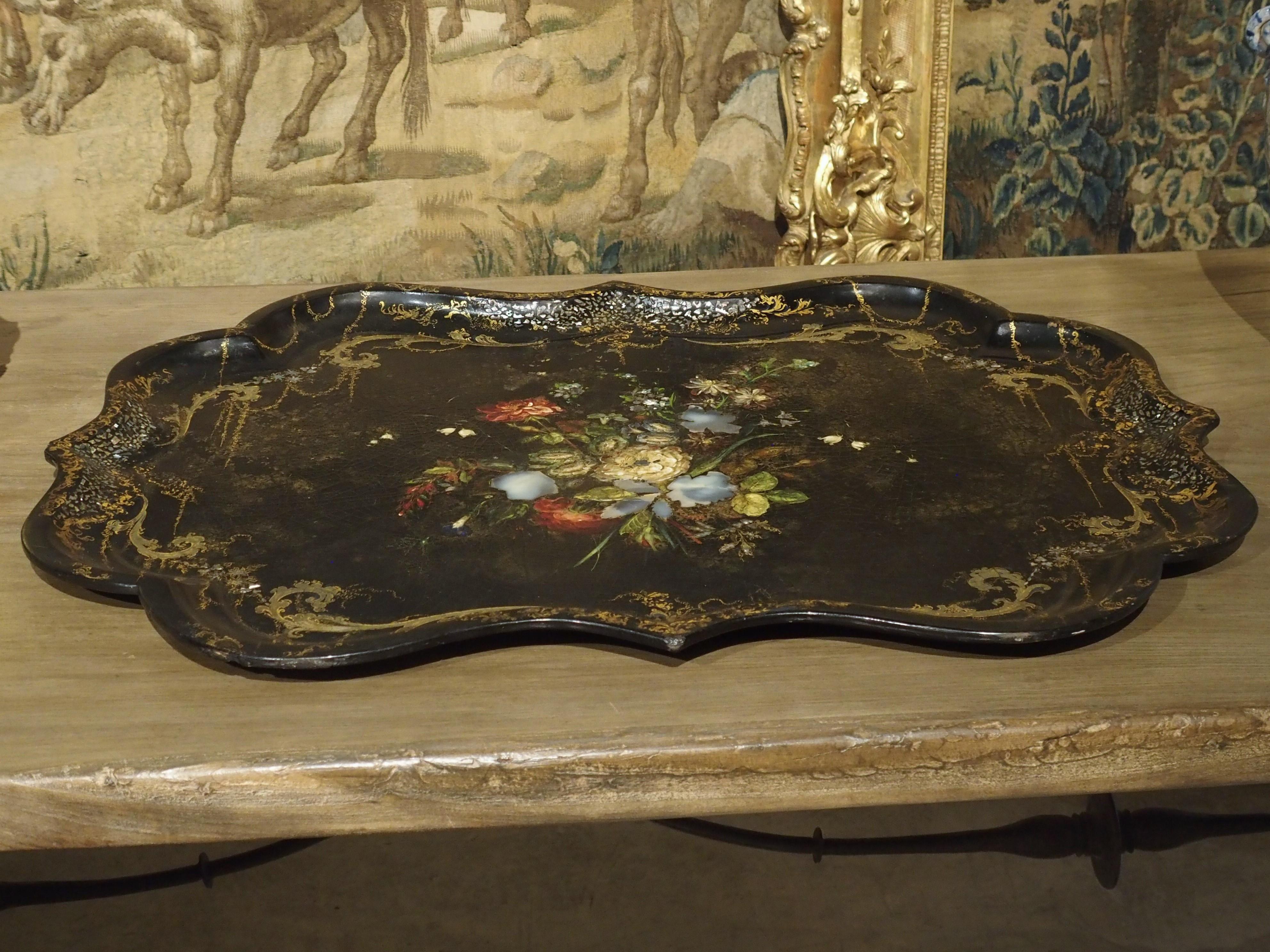 Inlay Fine Antique English Painted Tray with Mother of Pearl Insets, circa 1850