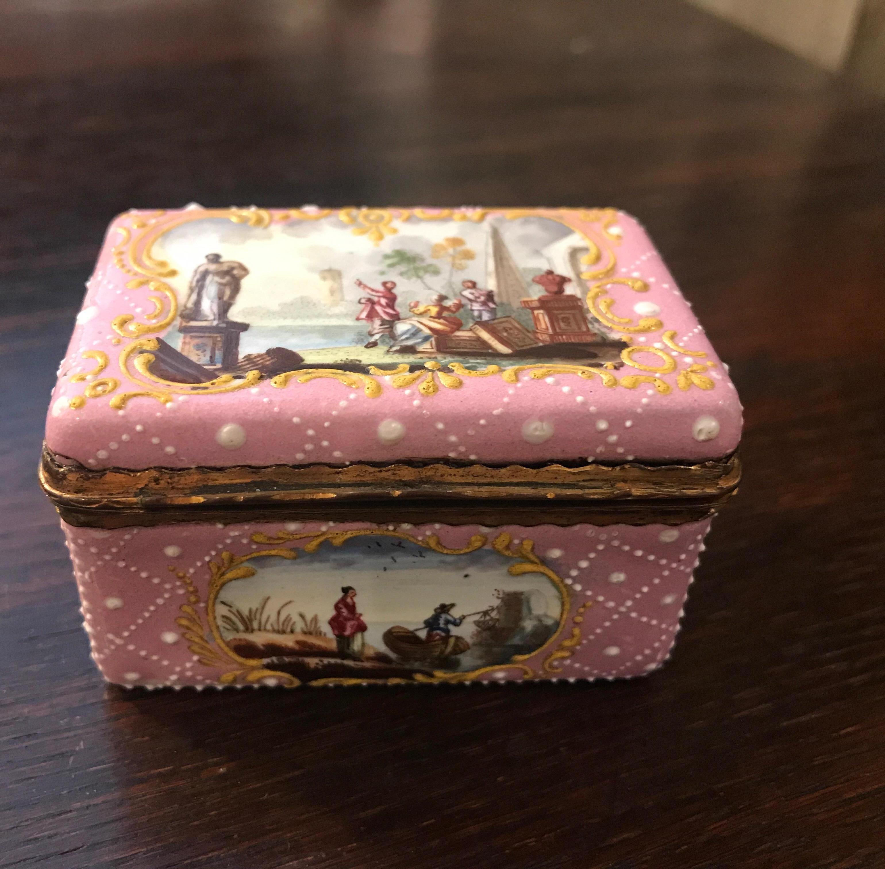 Fine Antique English South Staffordshire or Battersea Enamel Snuff Box 1