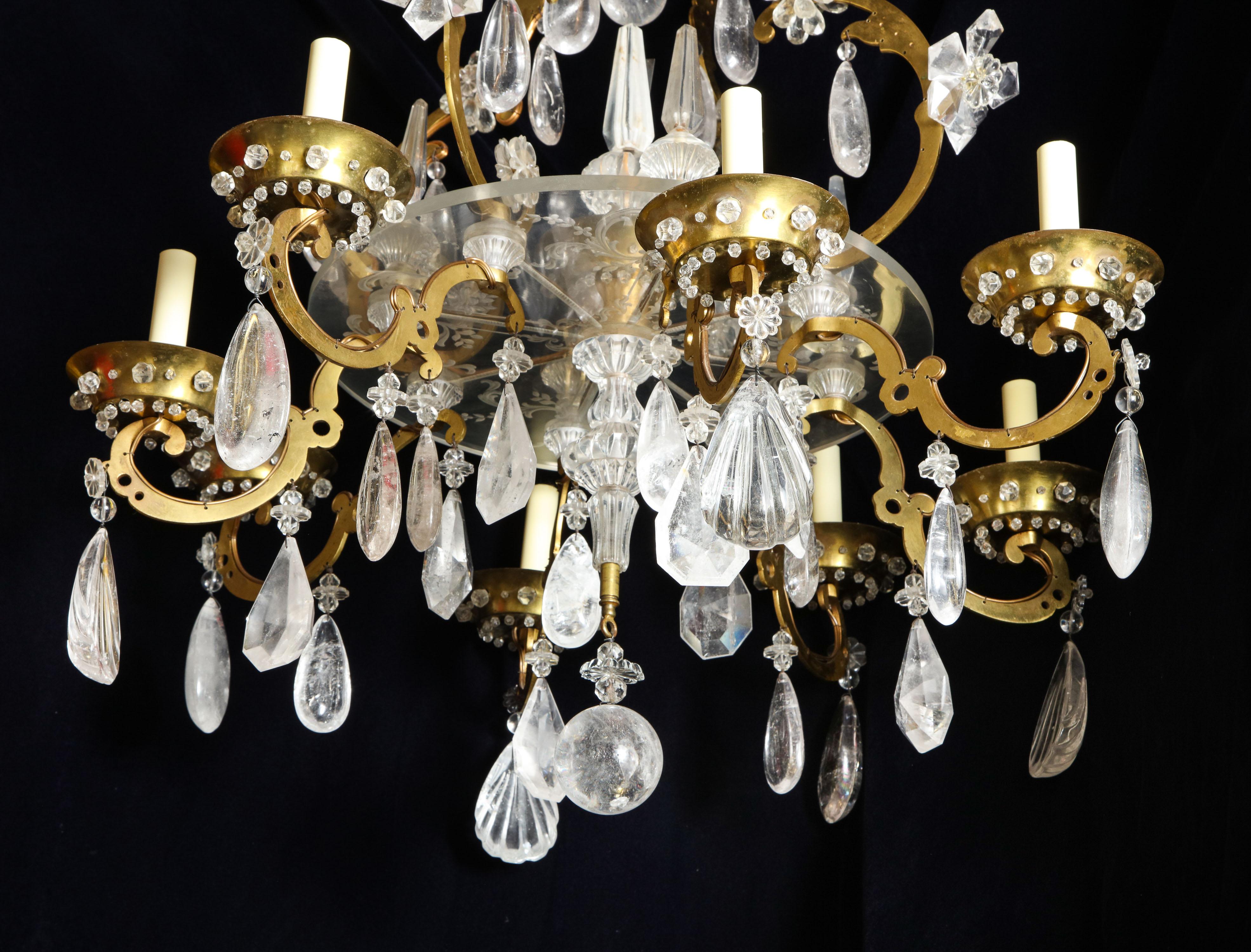 Hand-Carved Fine Antique French Baguès Style Gilt Bronze and Rock Crystal Chandelier For Sale