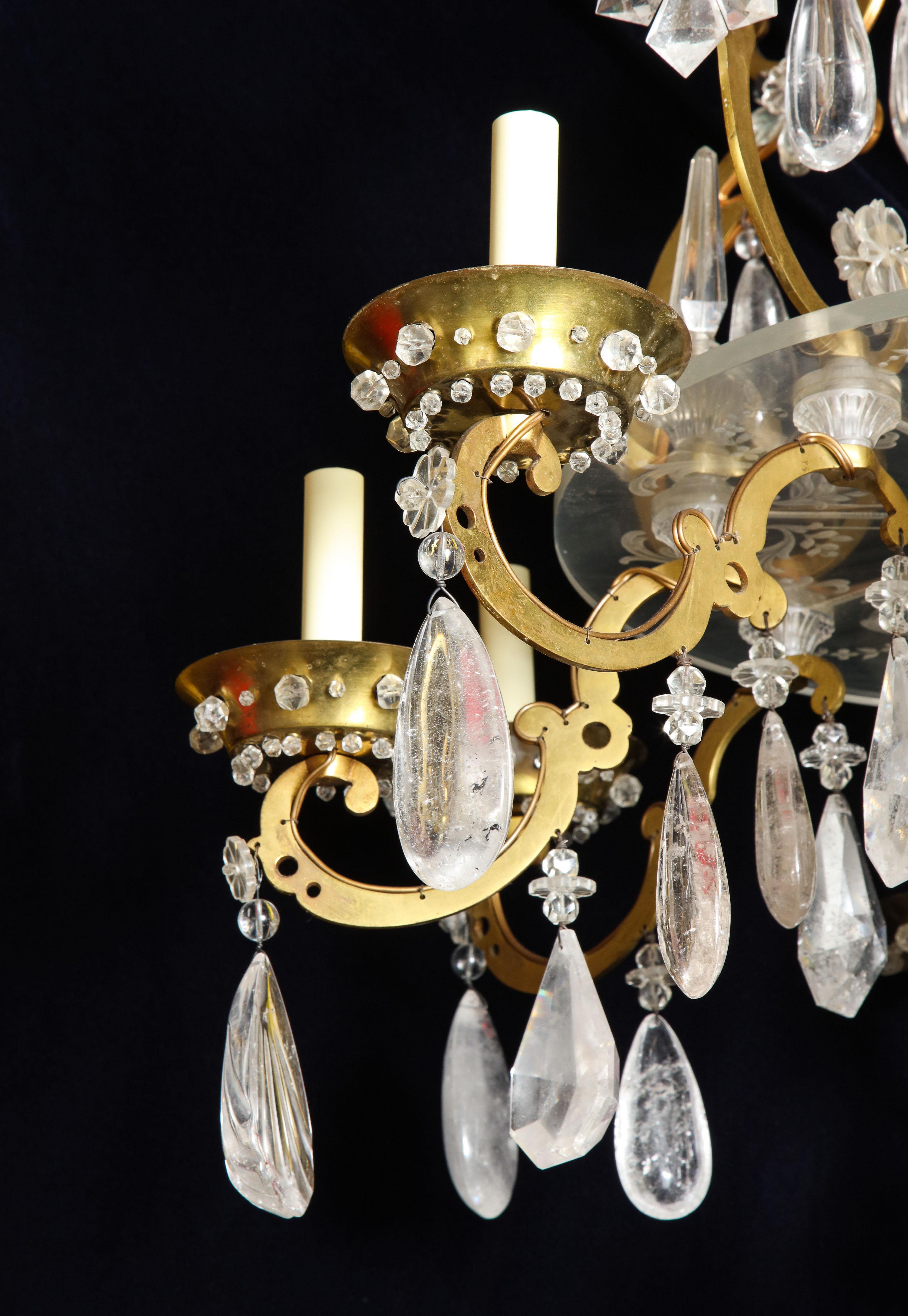 20th Century Fine Antique French Baguès Style Gilt Bronze and Rock Crystal Chandelier For Sale