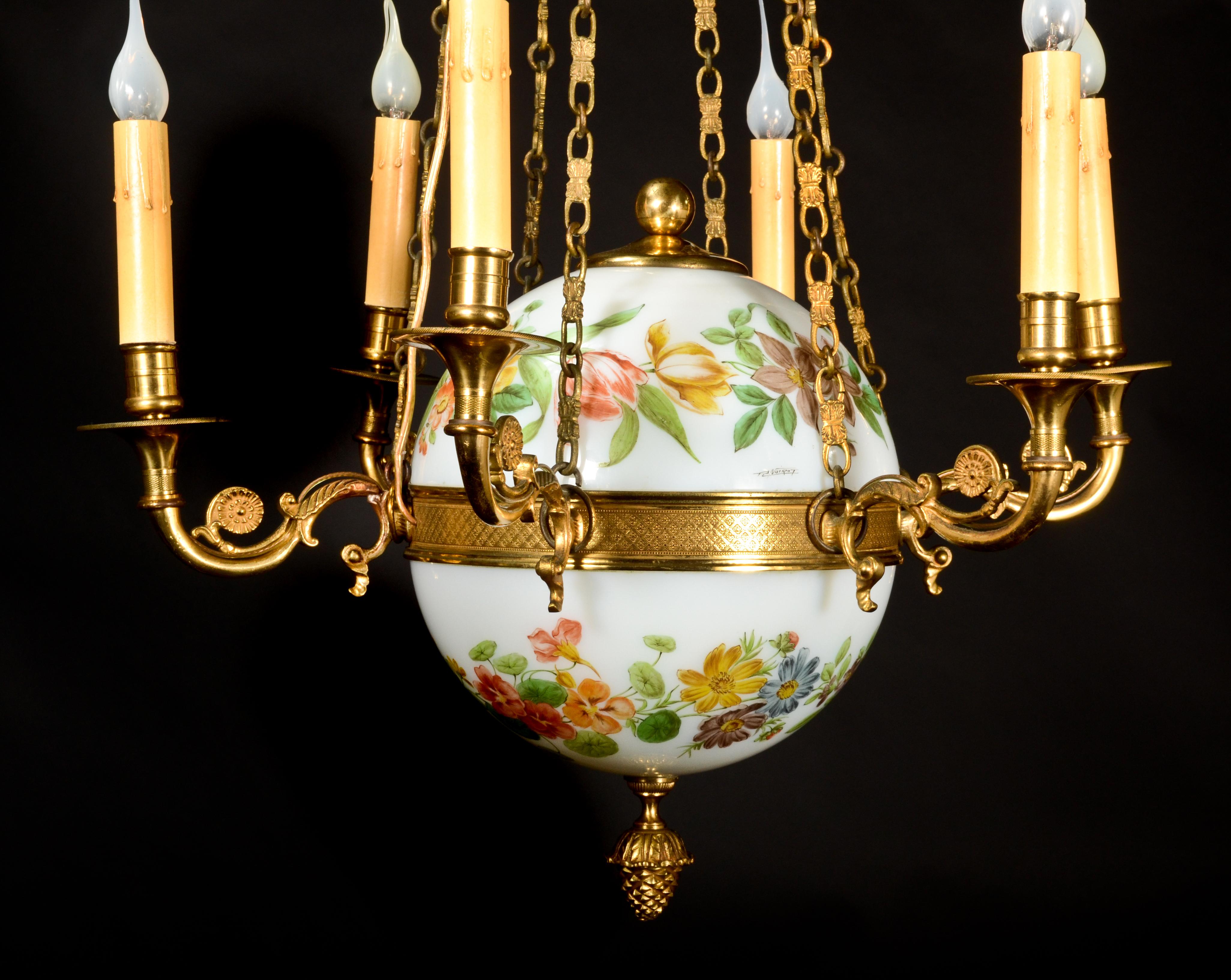 Fine Antique French Charles X Style Gilt Bronze and White Opaline Chandelier In Good Condition For Sale In New York, NY