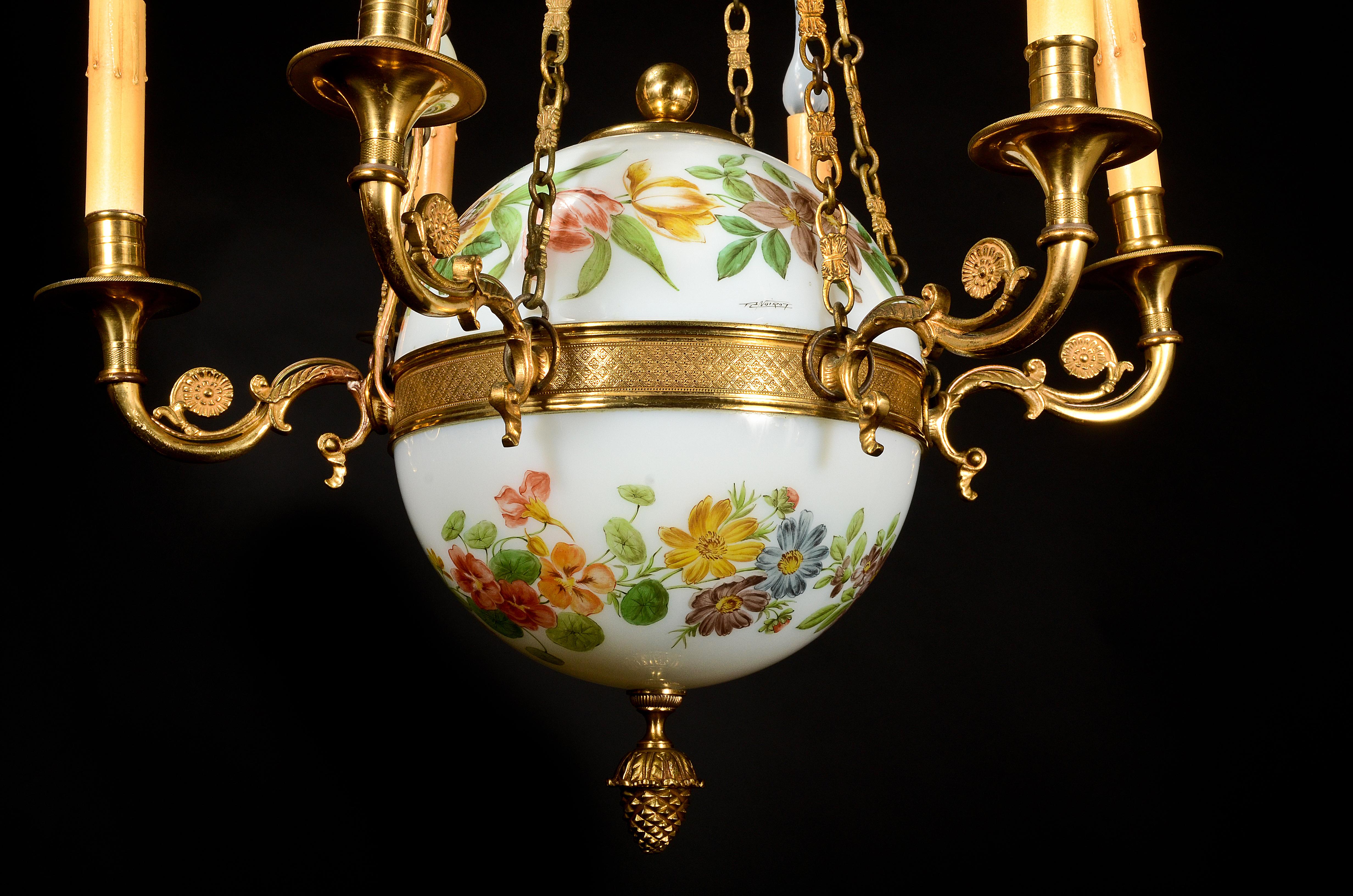 20th Century Fine Antique French Charles X Style Gilt Bronze and White Opaline Chandelier For Sale