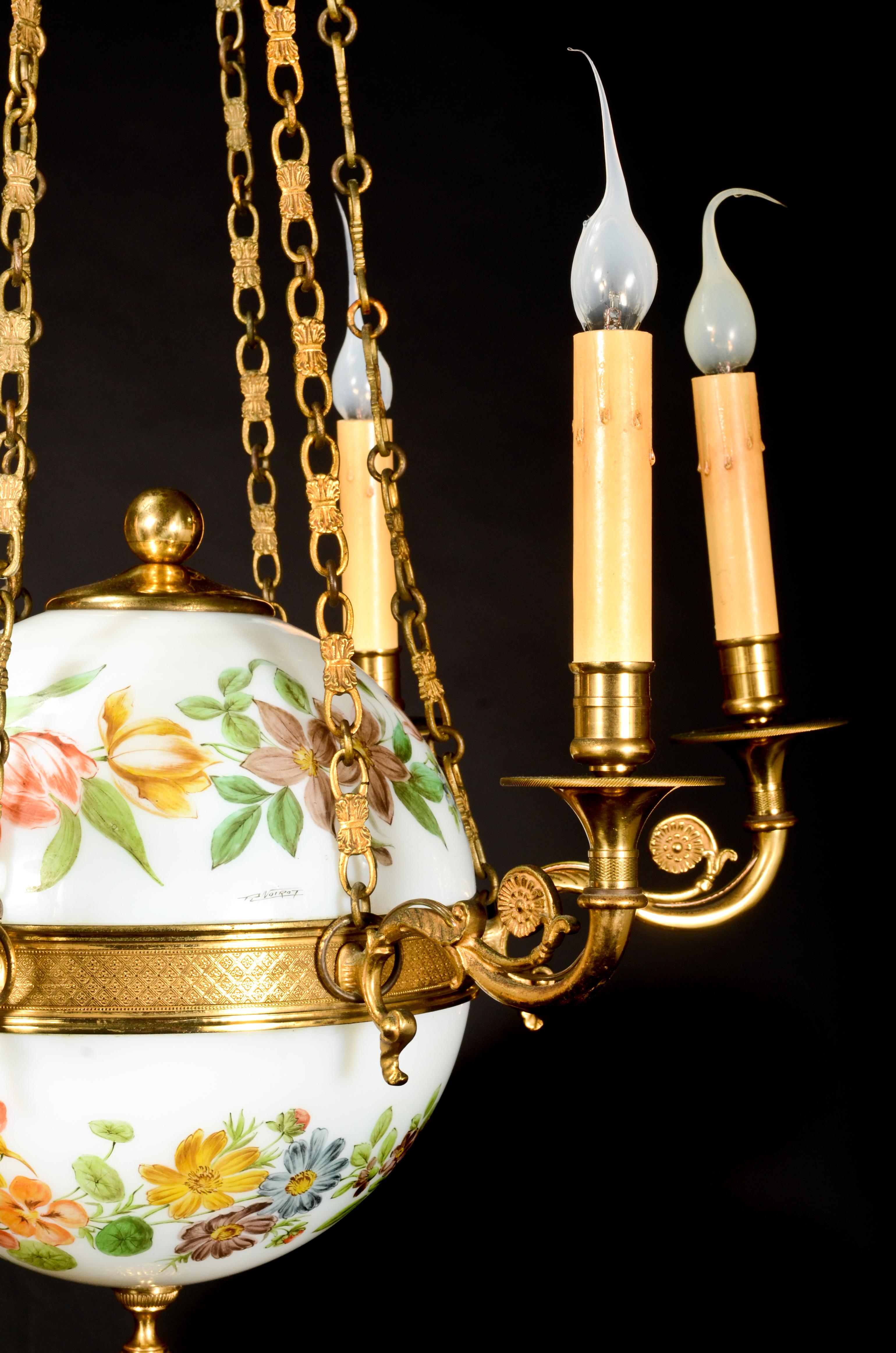 Fine Antique French Charles X Style Gilt Bronze and White Opaline Chandelier For Sale 1
