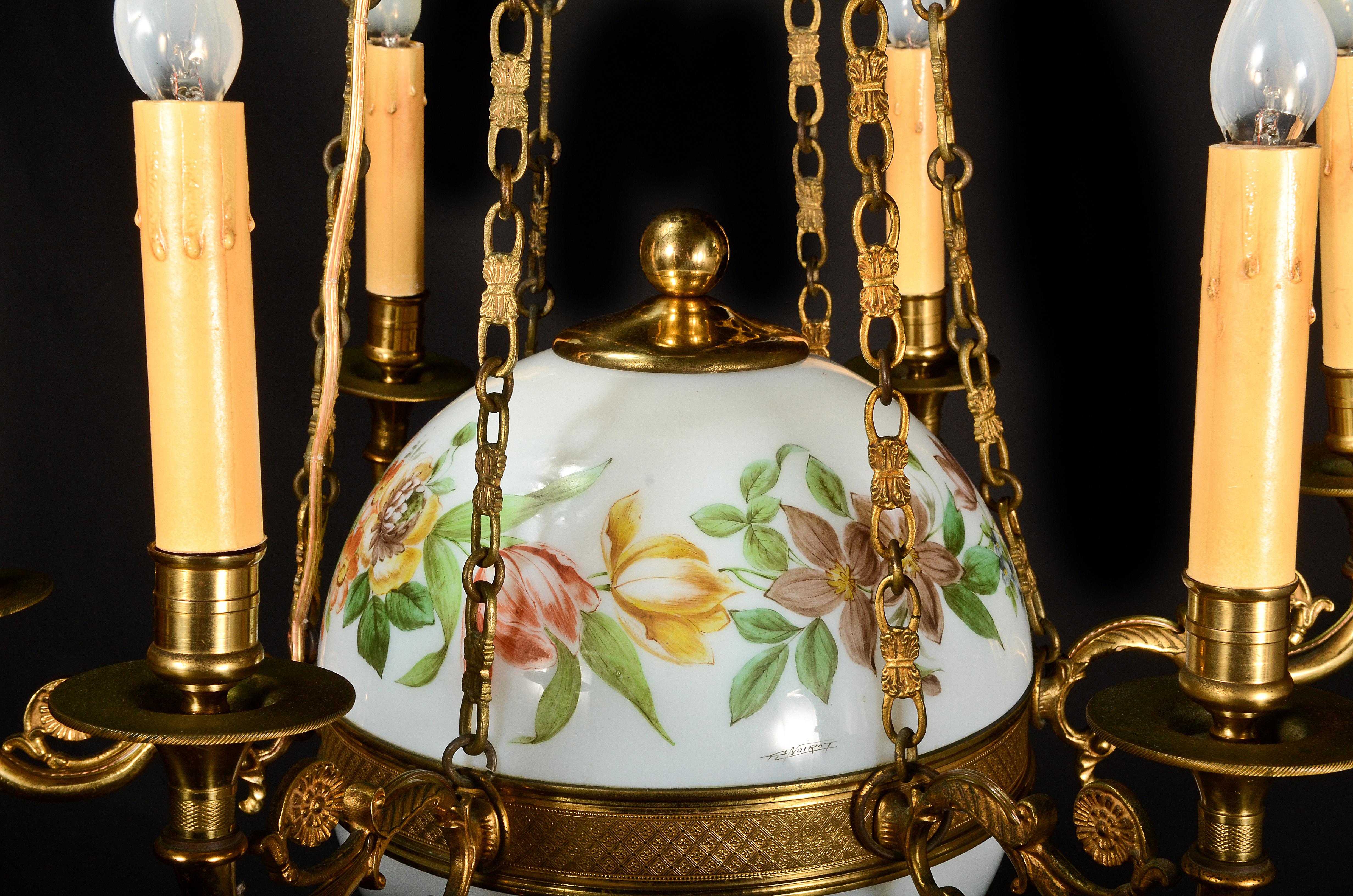 Fine Antique French Charles X Style Gilt Bronze and White Opaline Chandelier For Sale 2