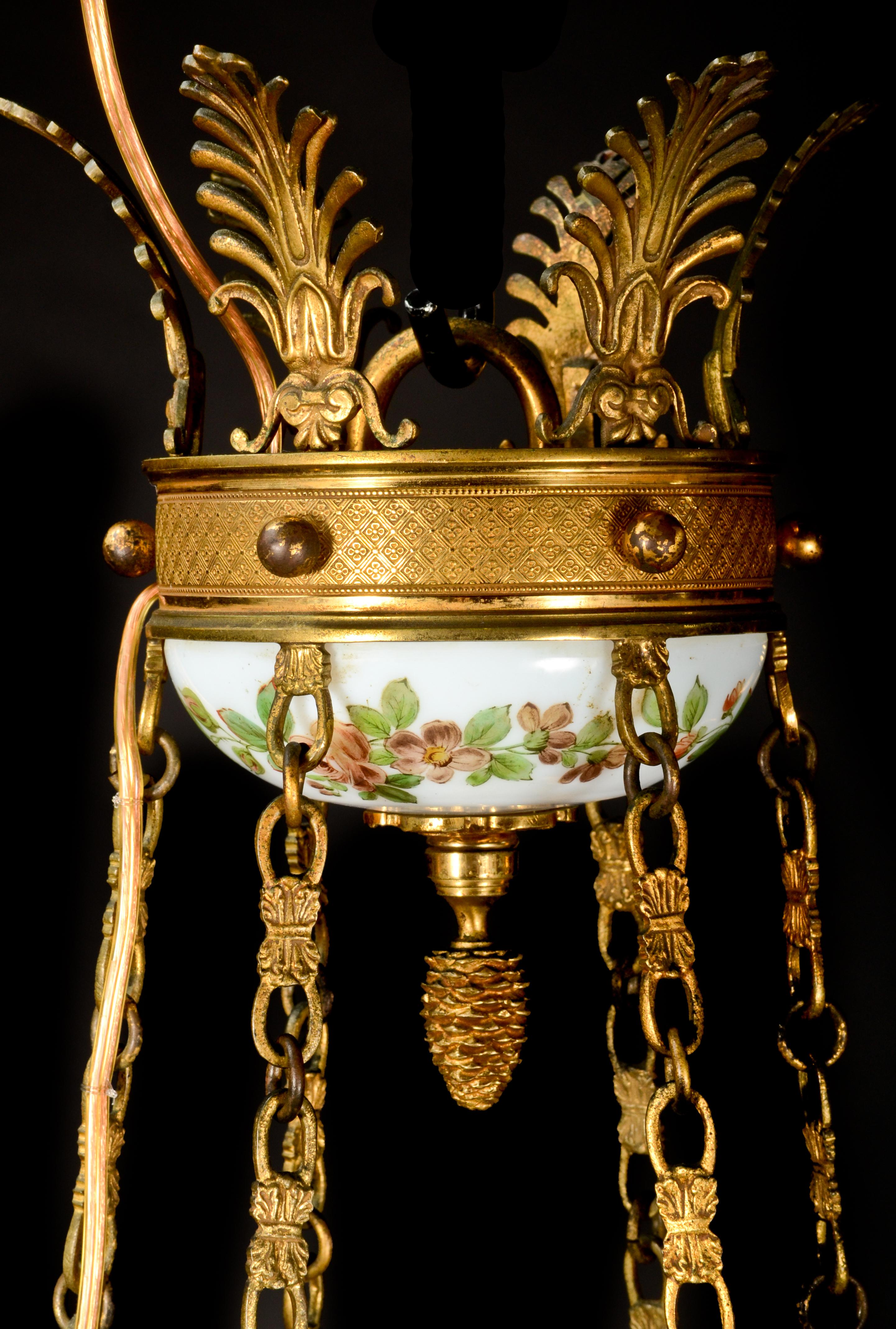Fine Antique French Charles X Style Gilt Bronze and White Opaline Chandelier For Sale 3