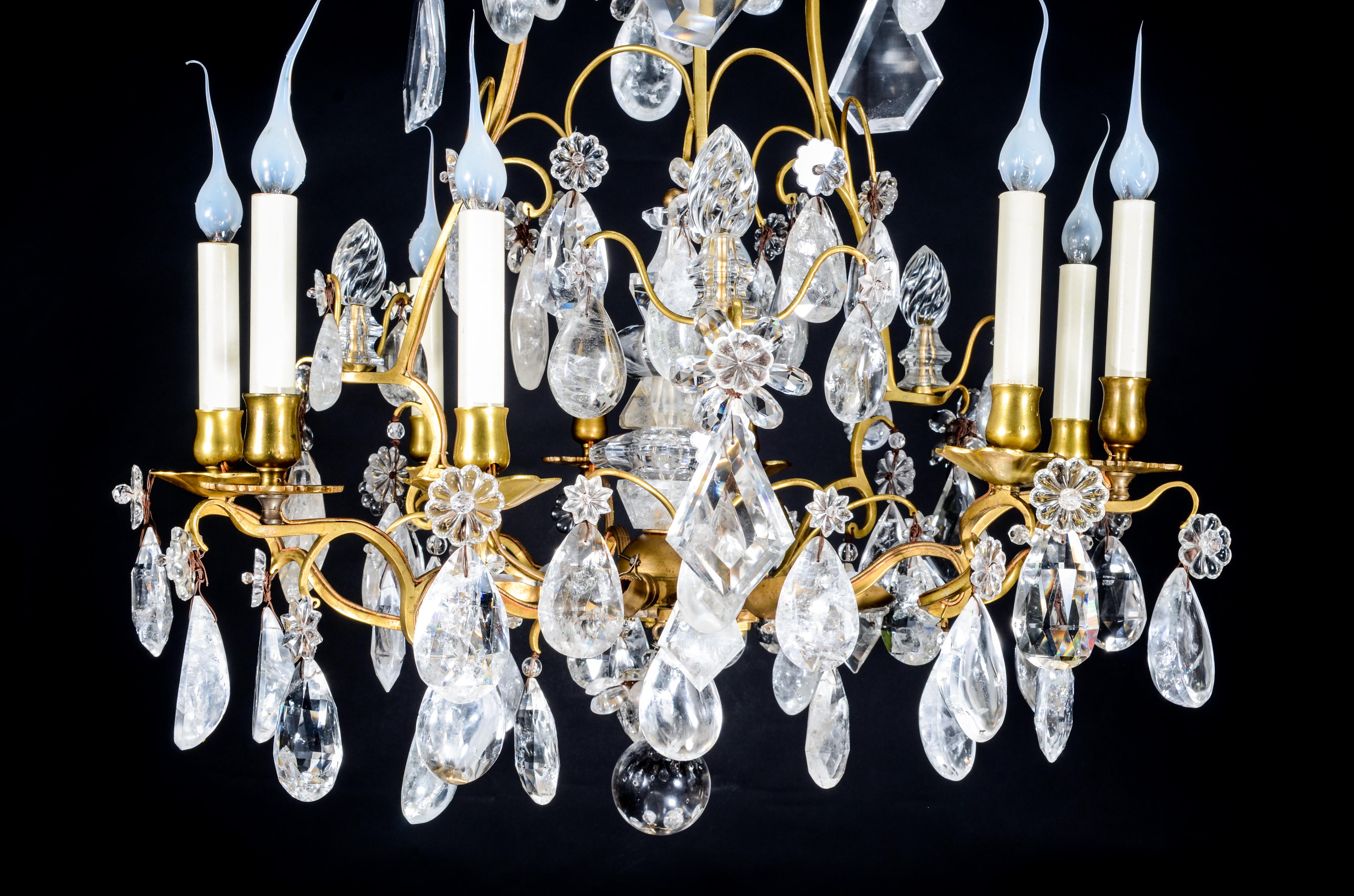 A Fine Antique French Louis XVI Style Gilt Bronze & Cut Rock Crystal Chandelier In Good Condition For Sale In New York, NY