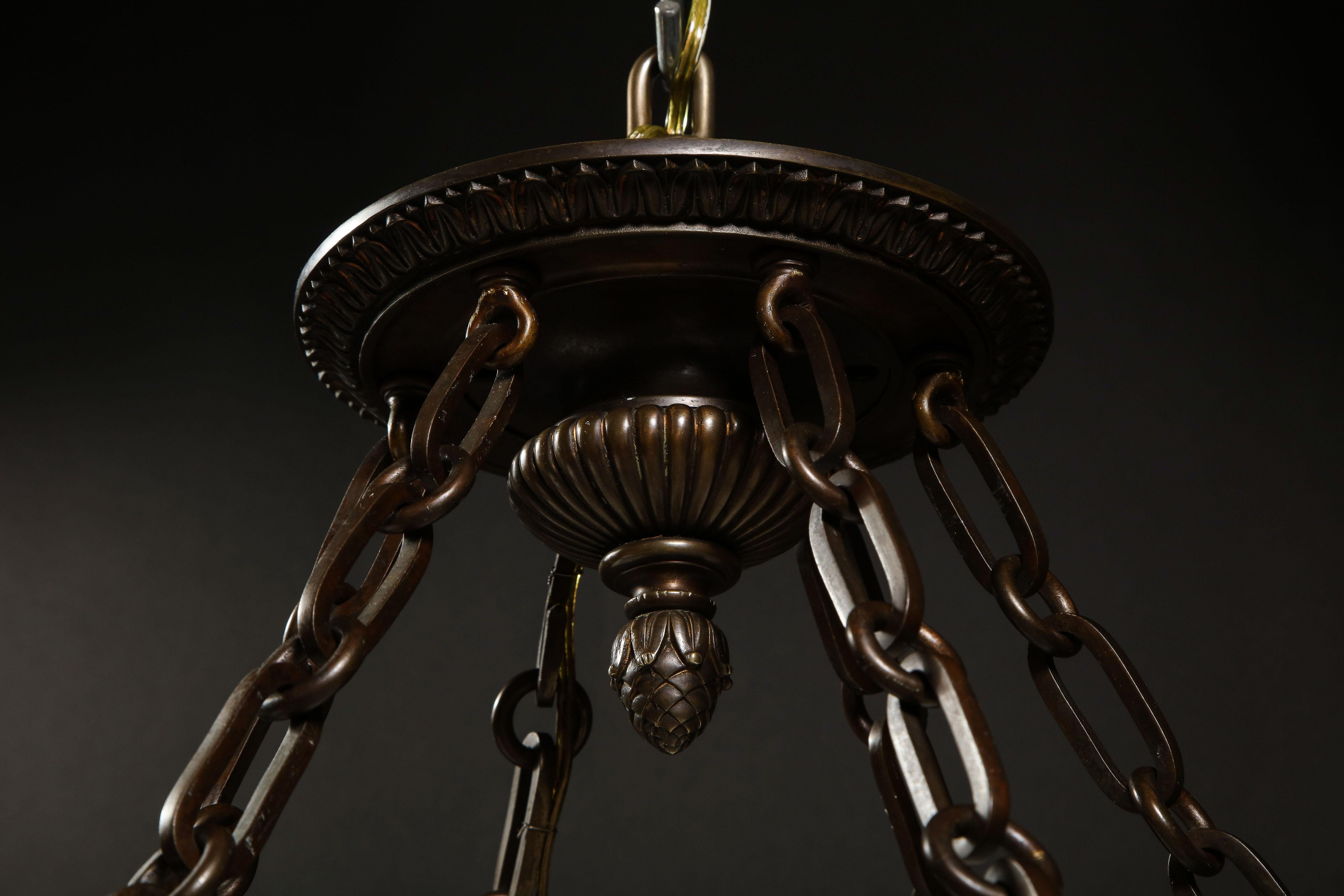 A Fine Antique French Neoclassical Style Carved Alabaster and Bronze Chandelier For Sale 5