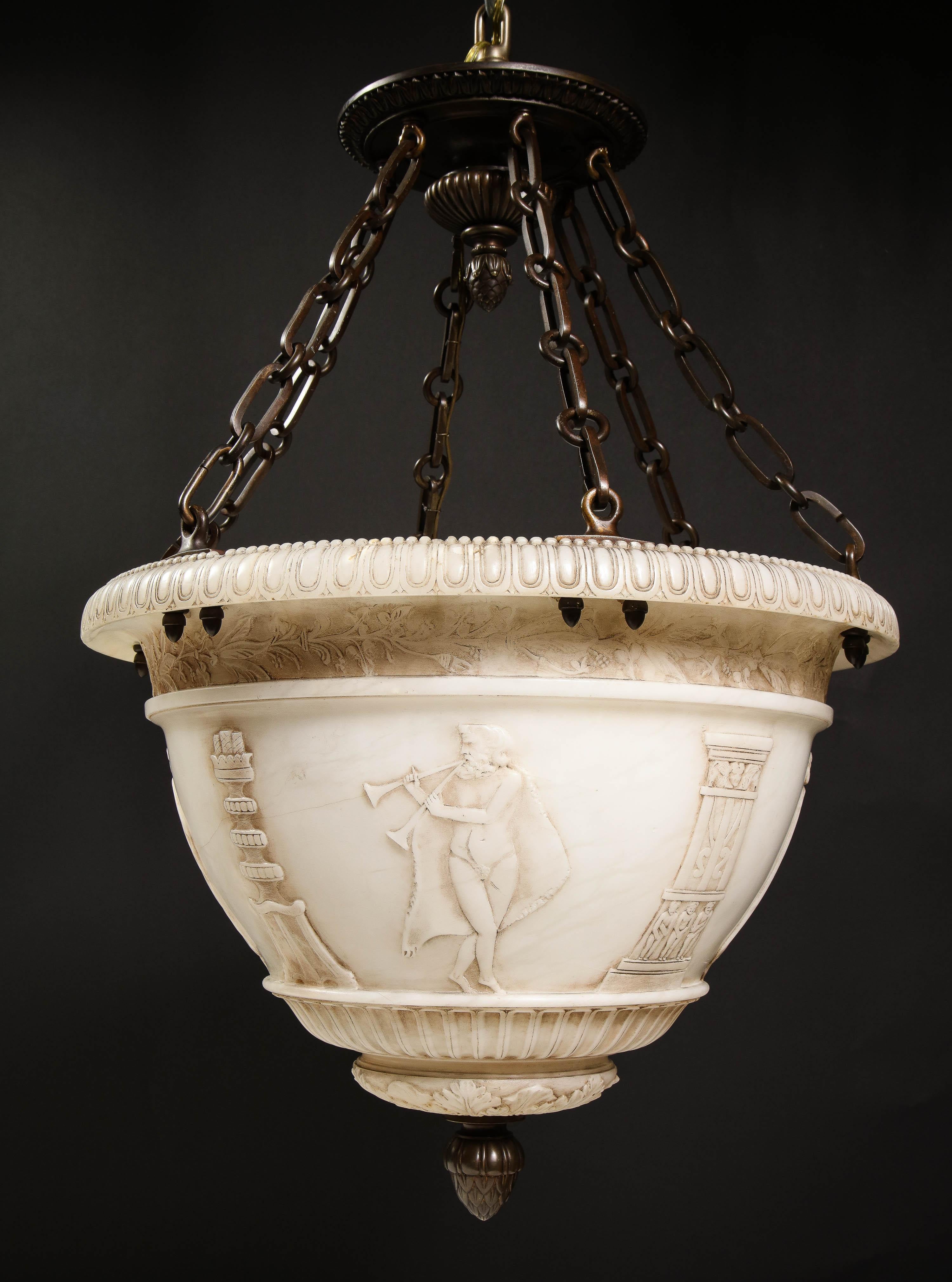 A Fine Antique French Neoclassical Style Carved Alabaster and Bronze Chandelier For Sale 6
