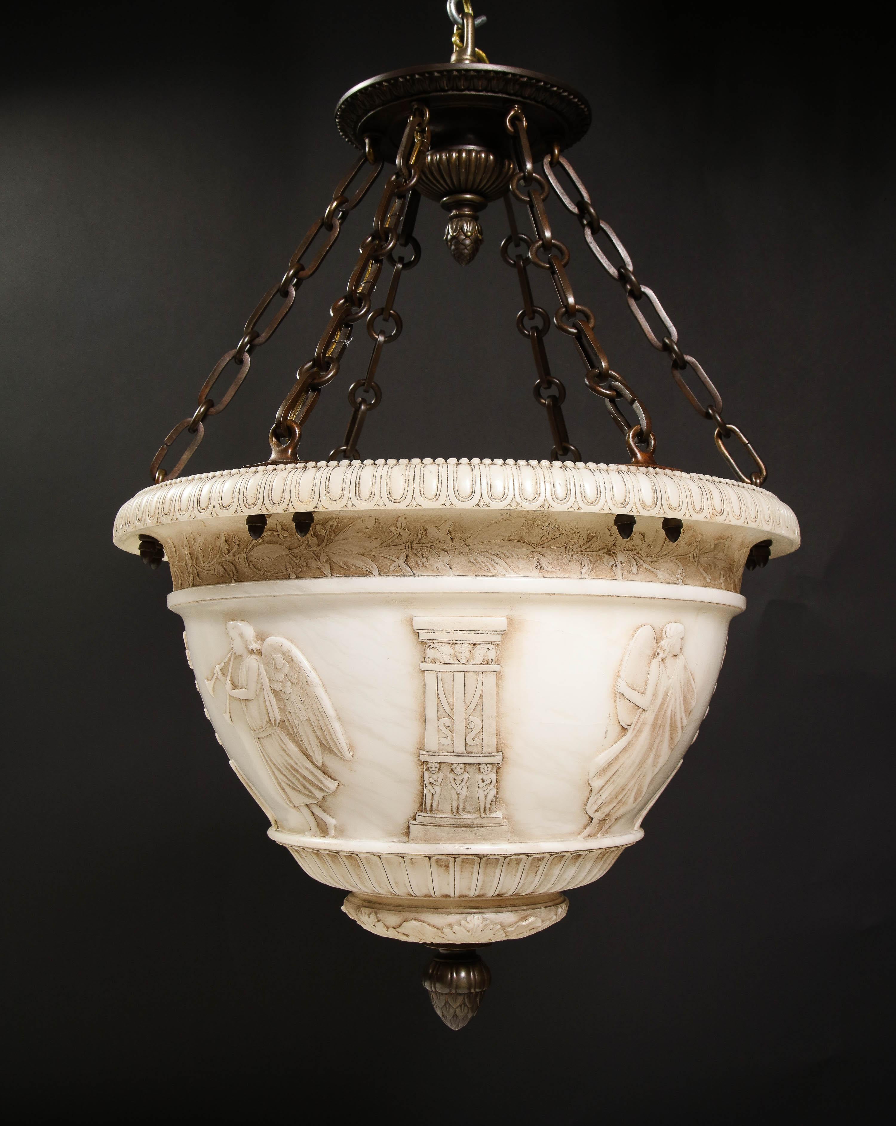 A Fine Antique French Neoclassical Style Carved Alabaster and Bronze Chandelier For Sale 8