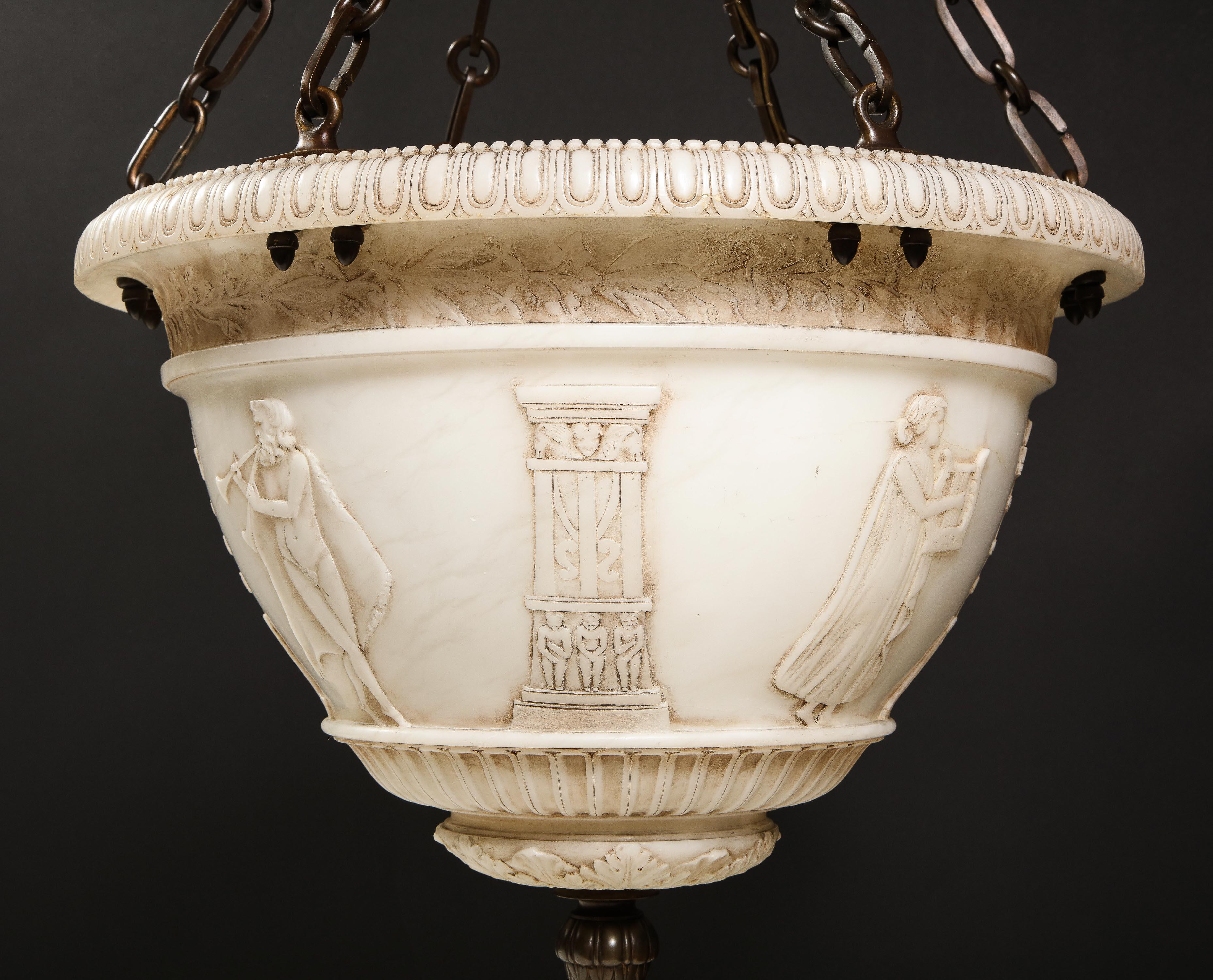 A Fine Antique French Neoclassical Style Carved Alabaster and Bronze Chandelier For Sale 9