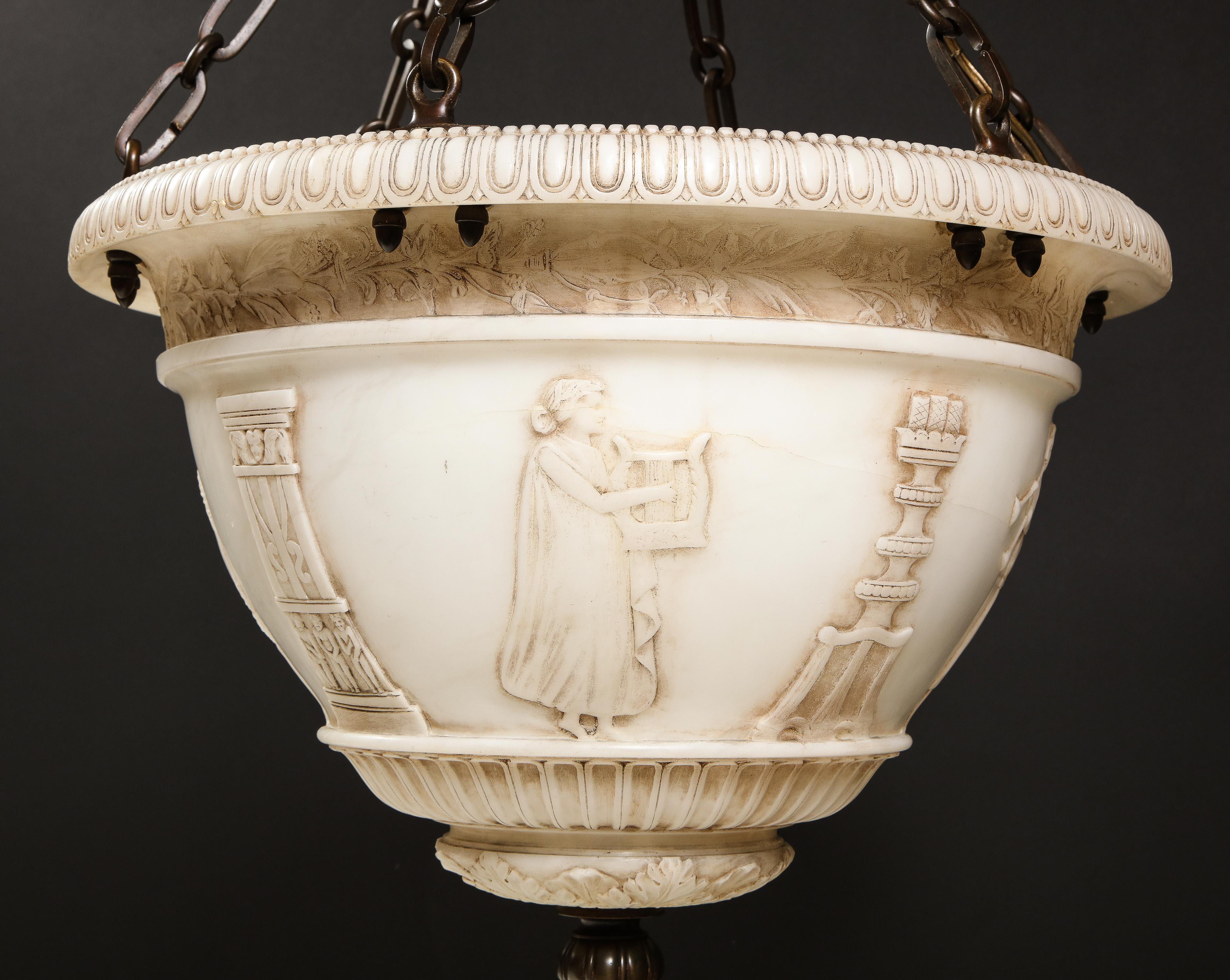 A Fine Antique French Neoclassical Style Carved Alabaster and Bronze Chandelier For Sale 10