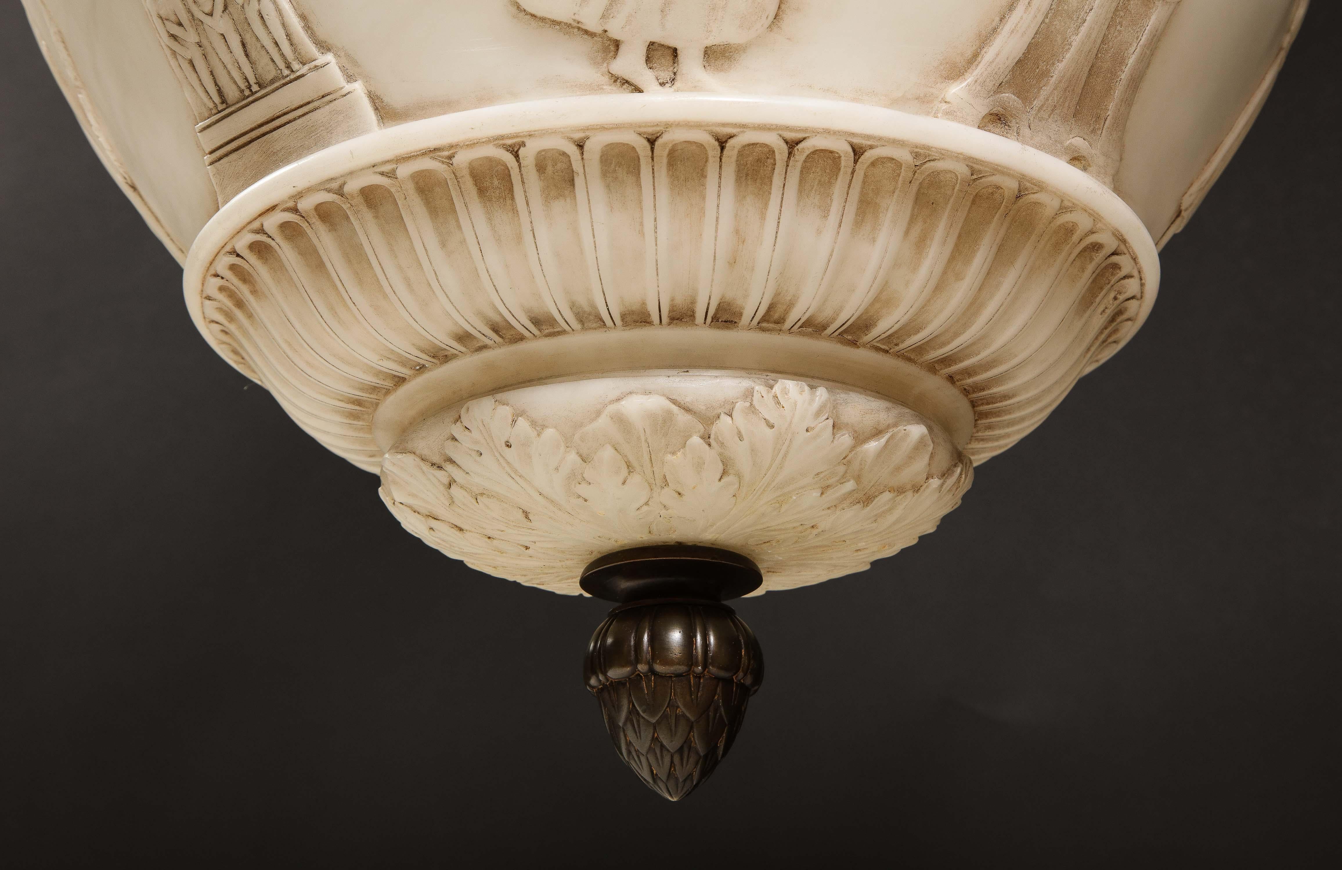 A Fine Antique French Neoclassical Style Carved Alabaster and Bronze Chandelier For Sale 11