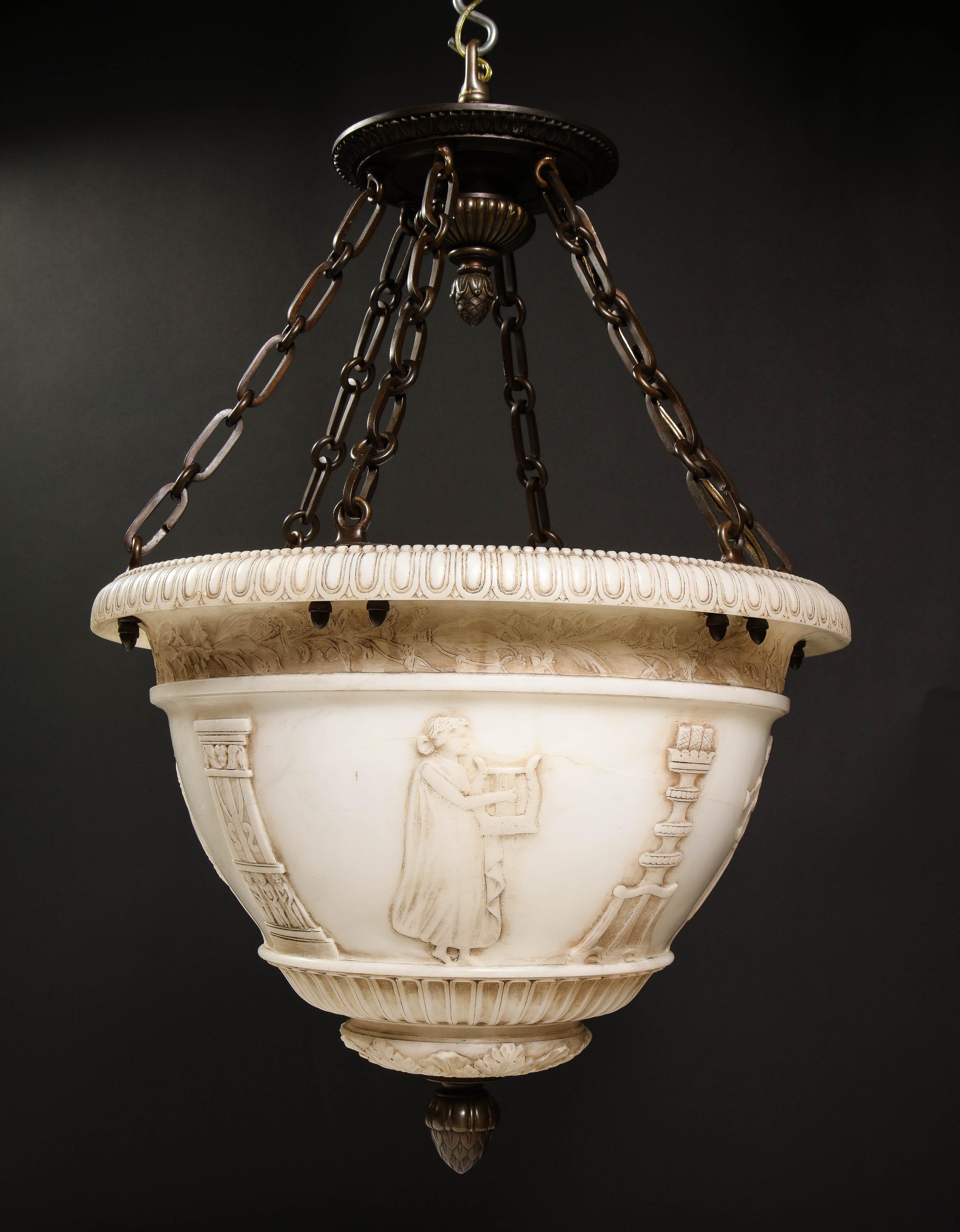 A Fine Antique French Neoclassical Style Carved Alabaster and Bronze Chandelier For Sale 12