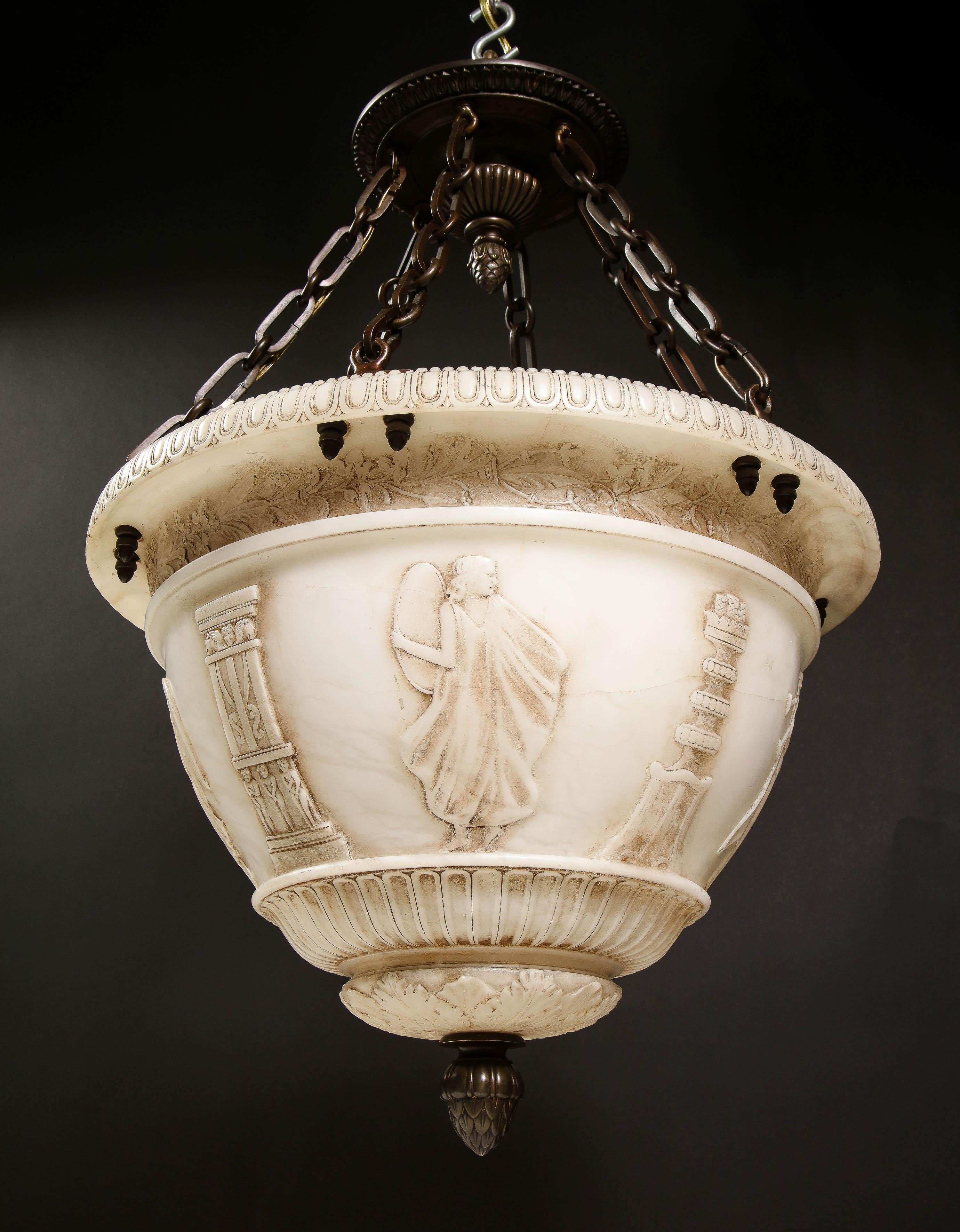 A Fine Antique French Neoclassical Style Carved Alabaster and Bronze Chandelier For Sale 13