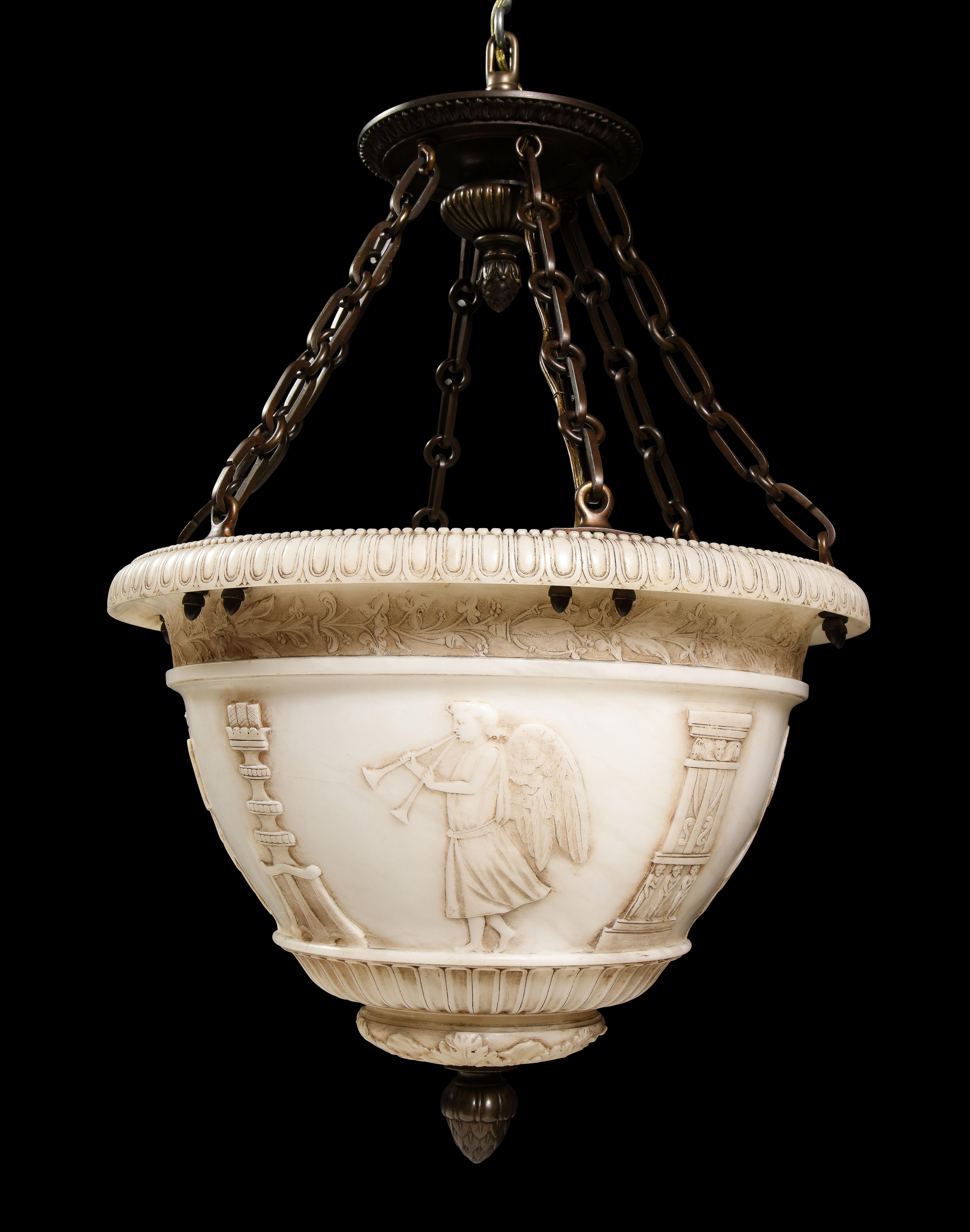 A fine antique French neoclassical style carved alabaster and patinated bronze chandelier of fine detail embellished with neoclassical figures in relief playing musical instruments.