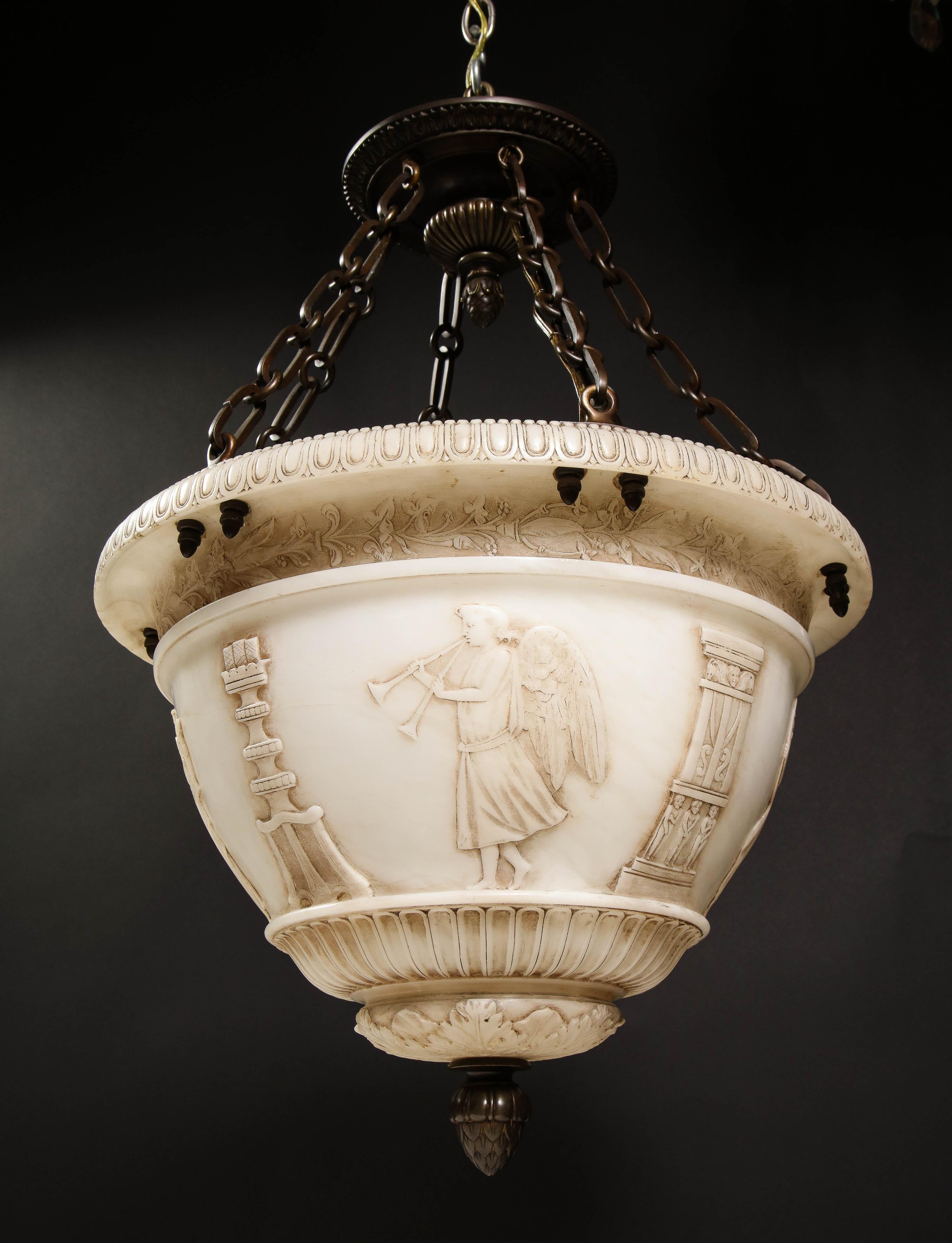 A Fine Antique French Neoclassical Style Carved Alabaster and Bronze Chandelier For Sale 15