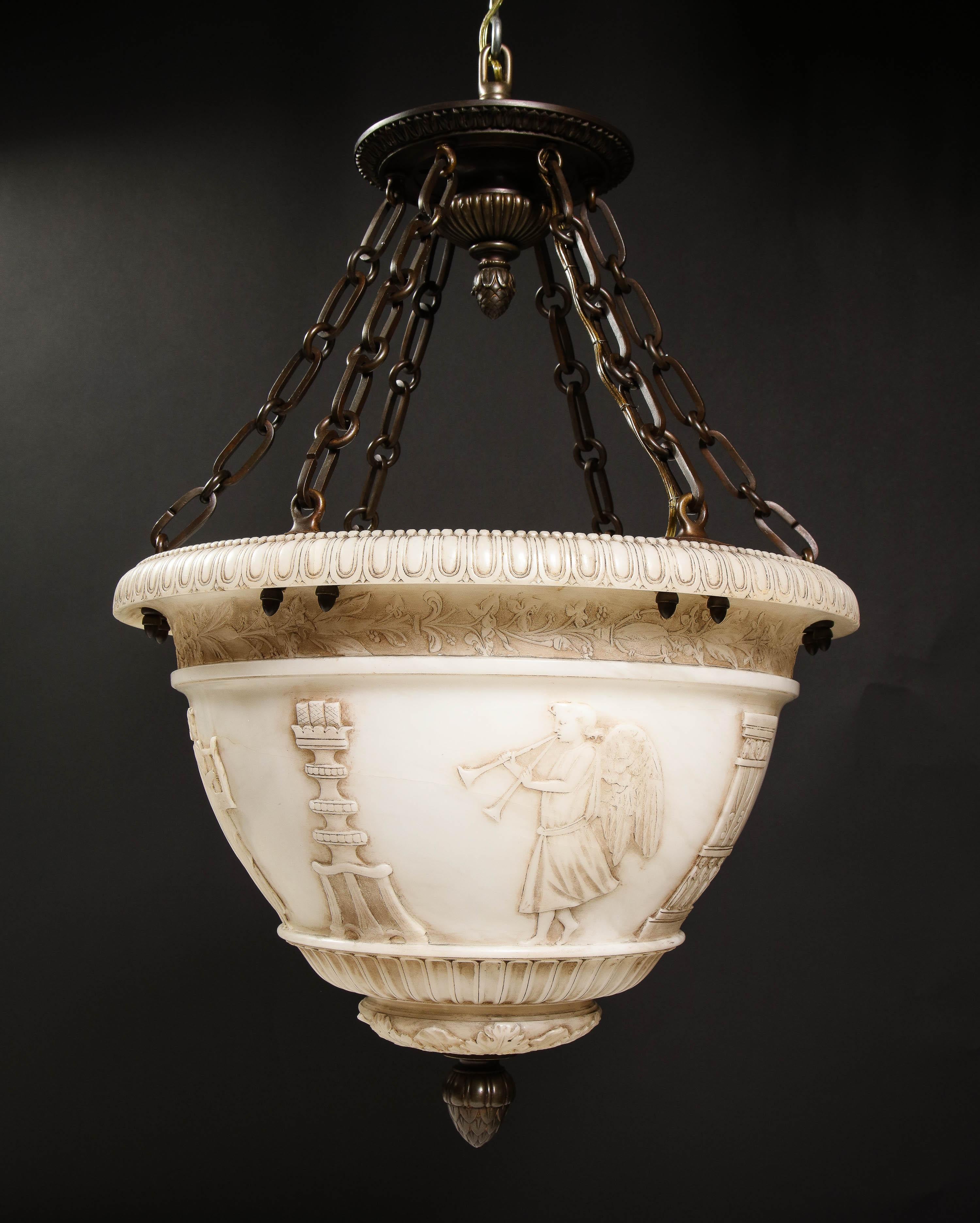 Hand-Carved A Fine Antique French Neoclassical Style Carved Alabaster and Bronze Chandelier For Sale