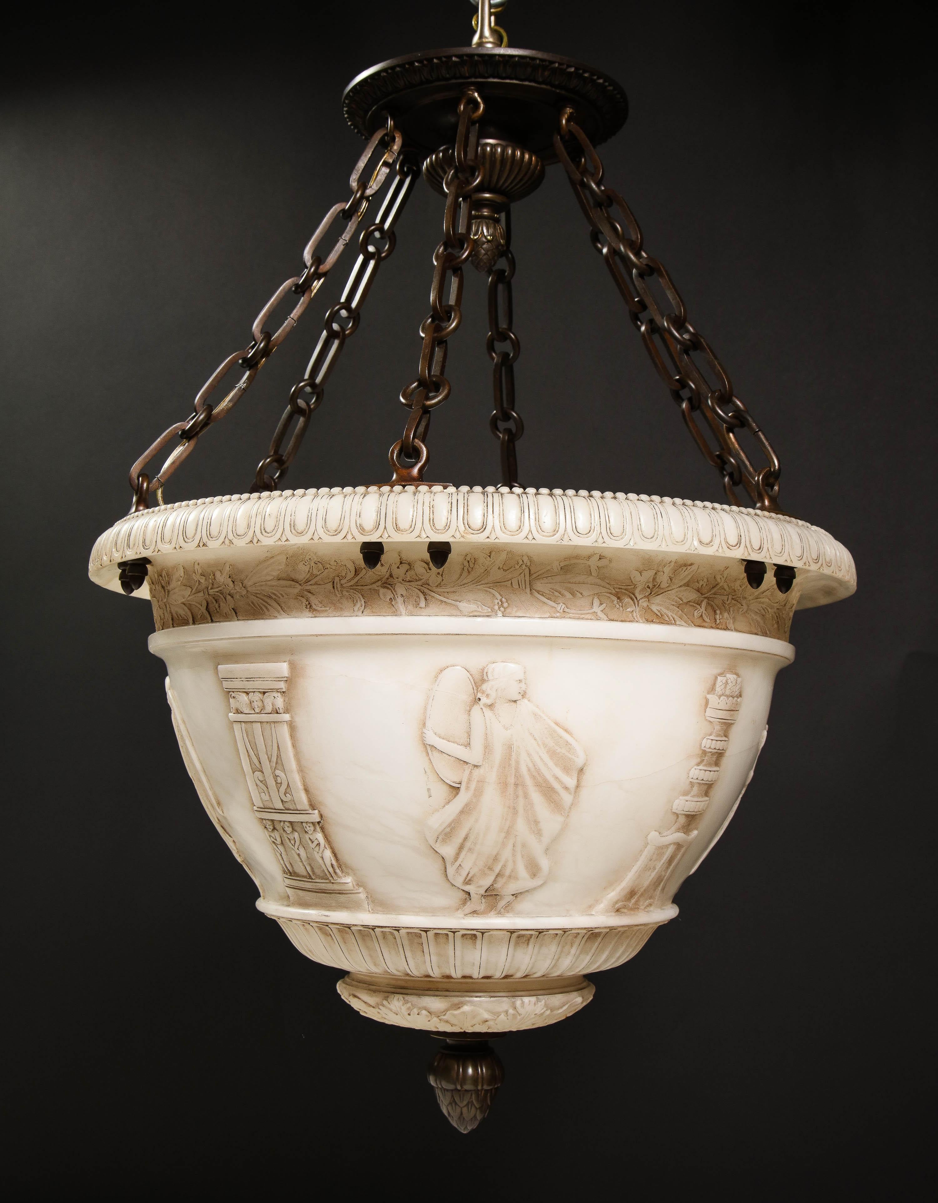 A Fine Antique French Neoclassical Style Carved Alabaster and Bronze Chandelier For Sale 2