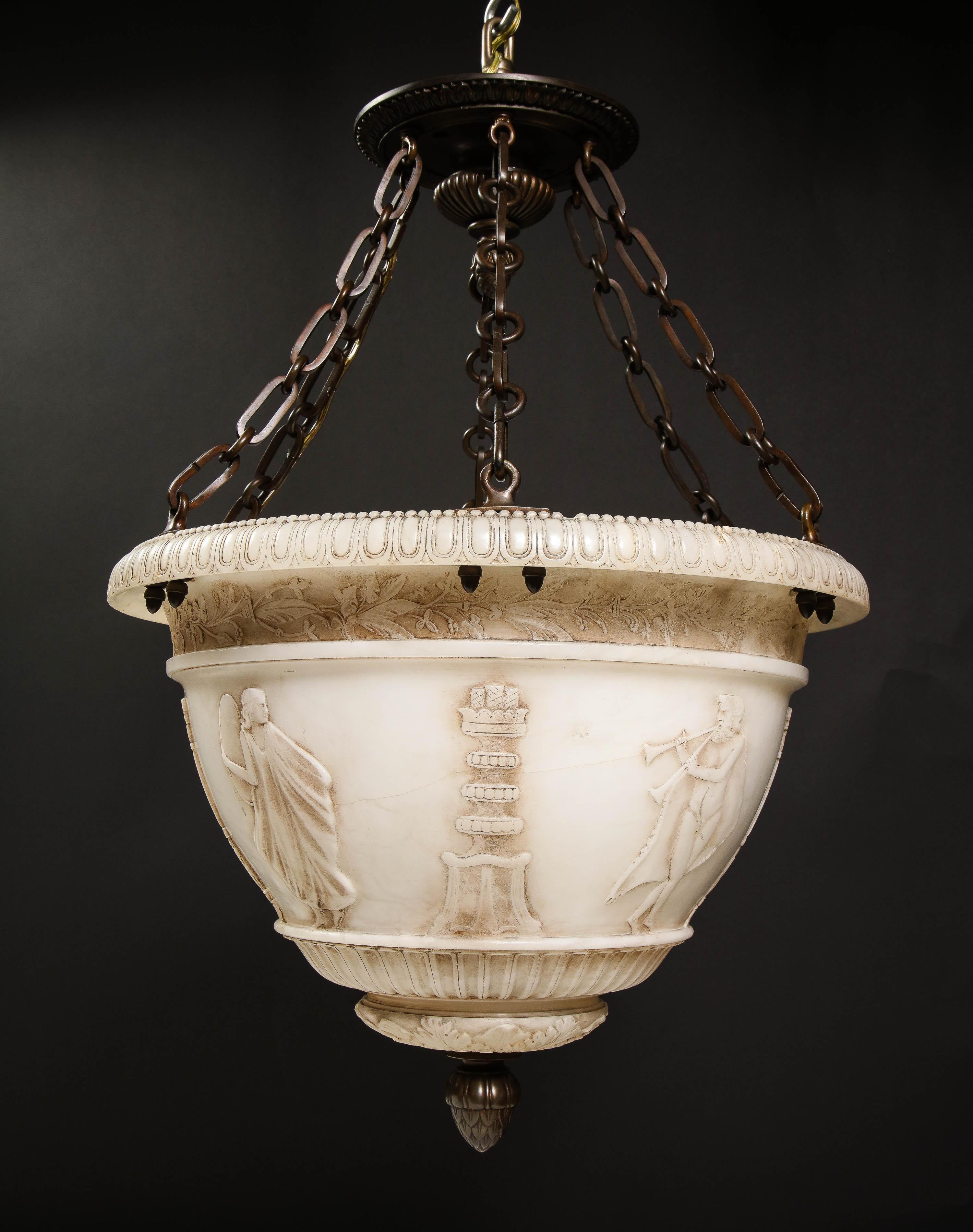 A Fine Antique French Neoclassical Style Carved Alabaster and Bronze Chandelier For Sale 4