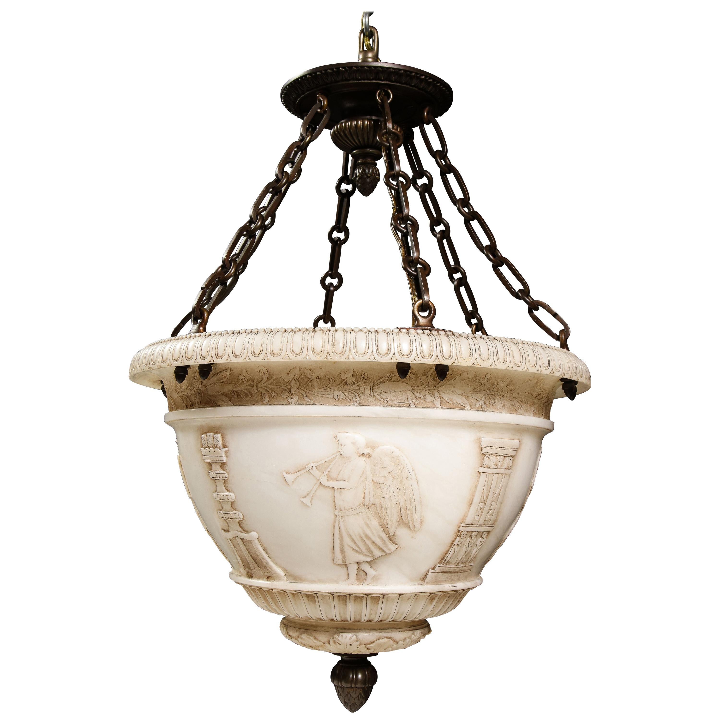 A Fine Antique French Neoclassical Style Carved Alabaster and Bronze Chandelier