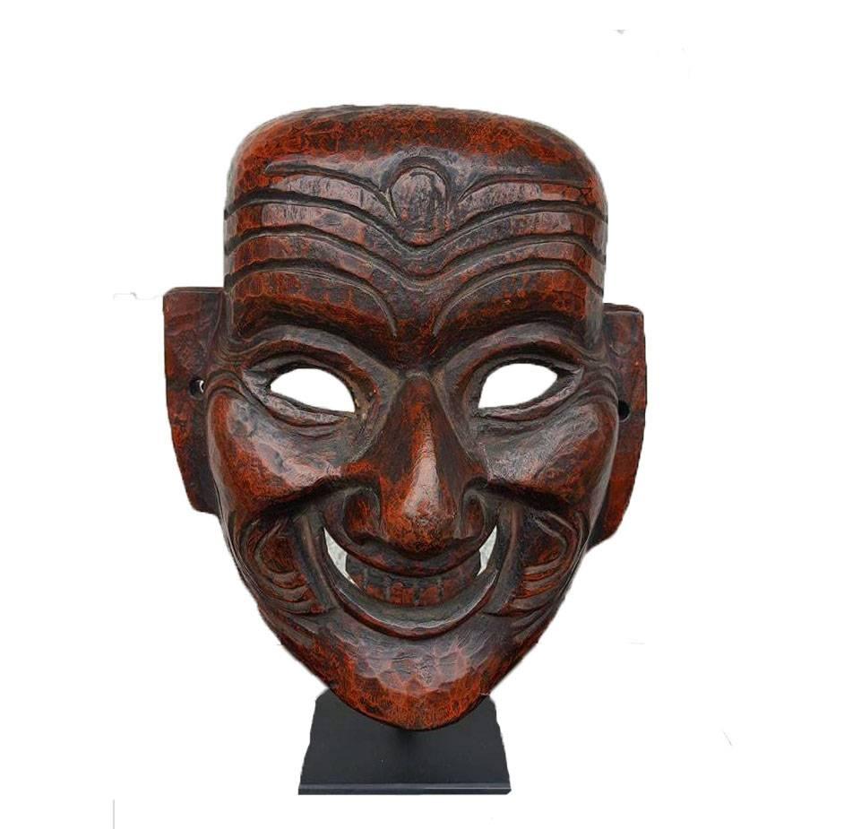 A fine antique Himalayan Buddhist Monpa mask from Arunachal Pradesh / East Bhutan,

The wonderfully expressive mask representing the joker type face of Hou shang a Chinese monk who tried to convert Tibet to Chinese Buddhism in the 9th century,
