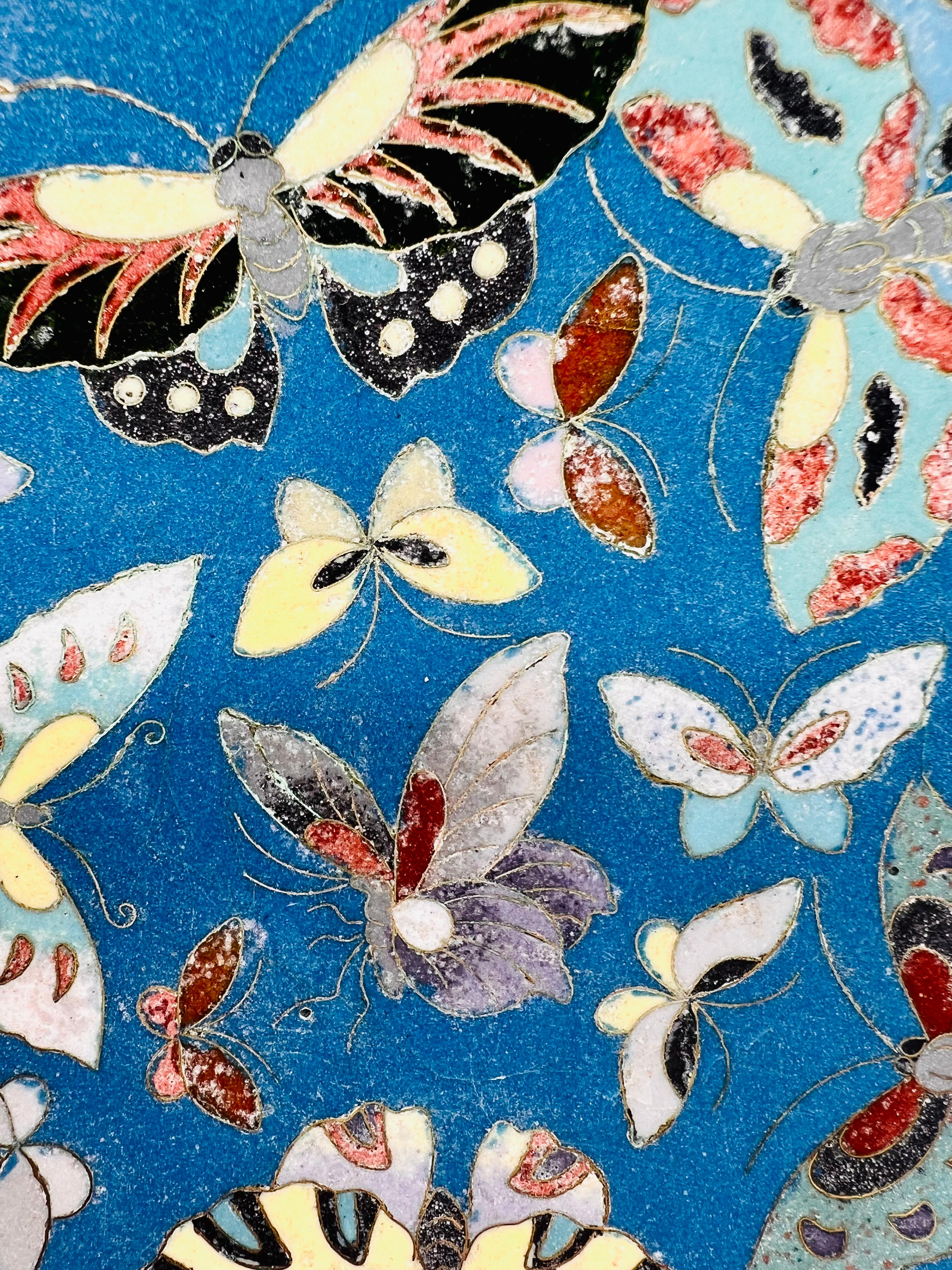Fine Antique Japanese Cloisonne Enamel Butterfly Plate. Meiji Period For Sale 2