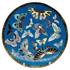 Fine Antique Japanese Cloisonne Enamel Butterfly Plate. Meiji Period