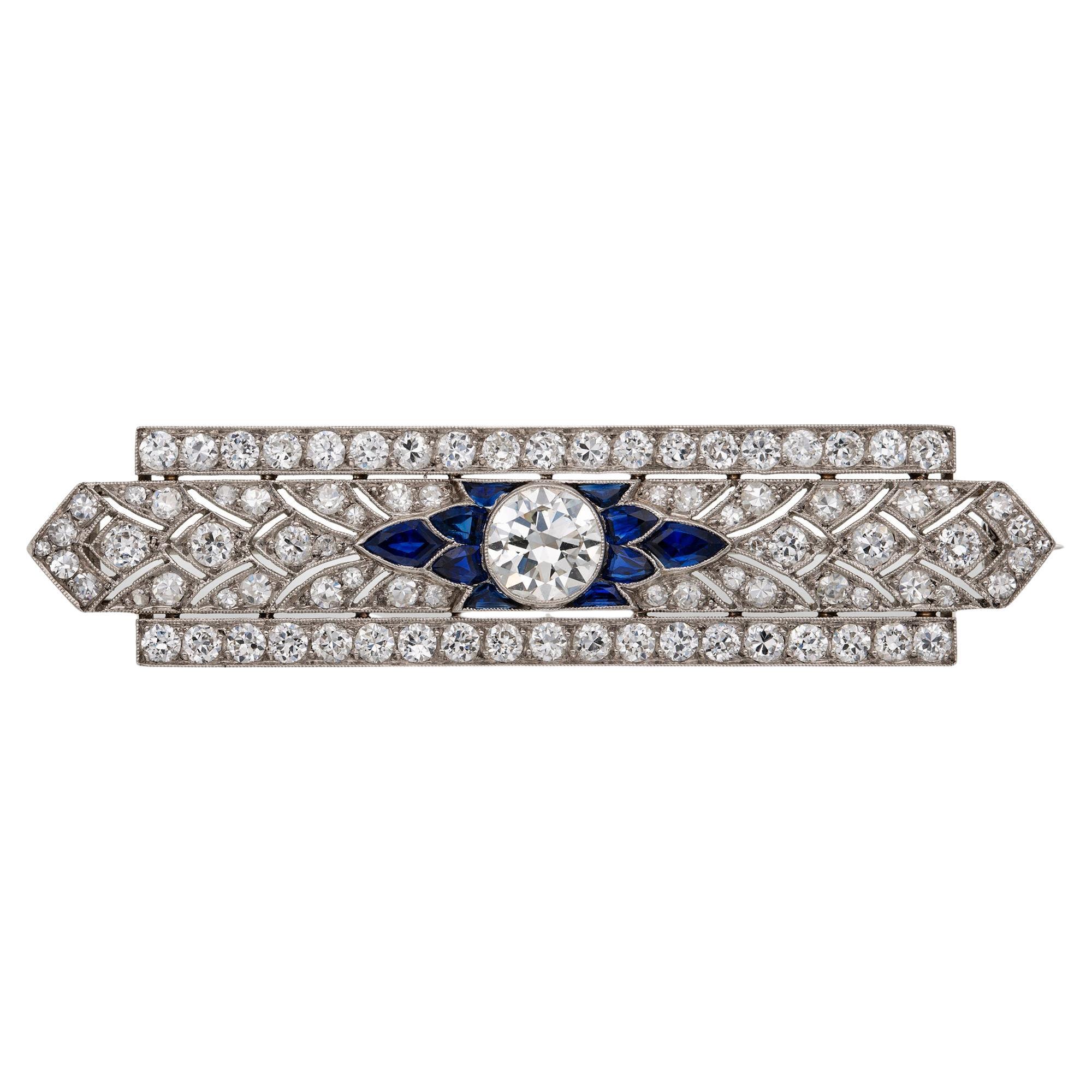 A Fine Art Deco Diamond And Sapphire Bar Brooch For Sale
