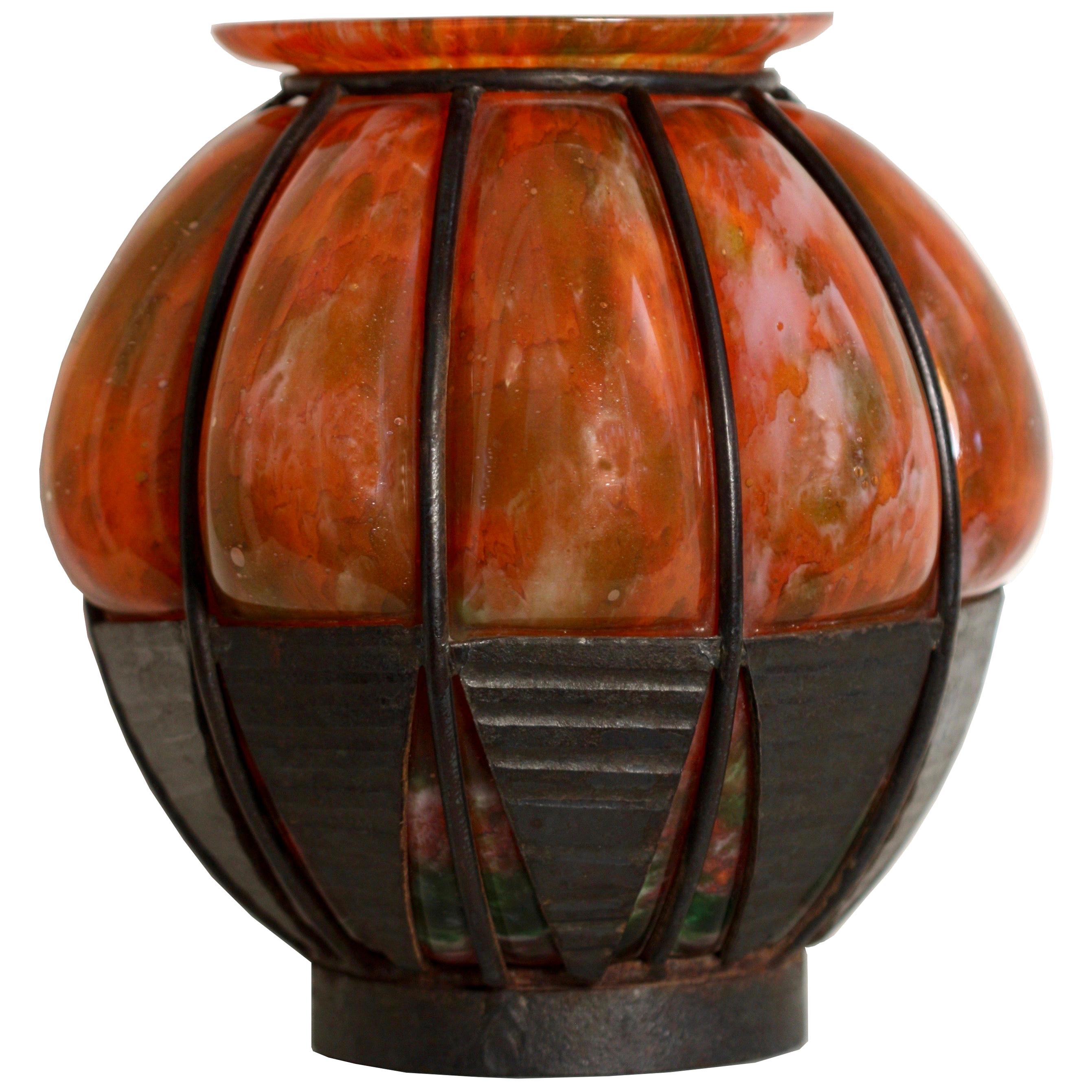 Fine Art Deco Schneider Glass and Wrought Iron Vase by Charles Schneider For Sale