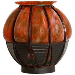 Fine Art Deco Schneider Glass and Wrought Iron Vase by Charles Schneider