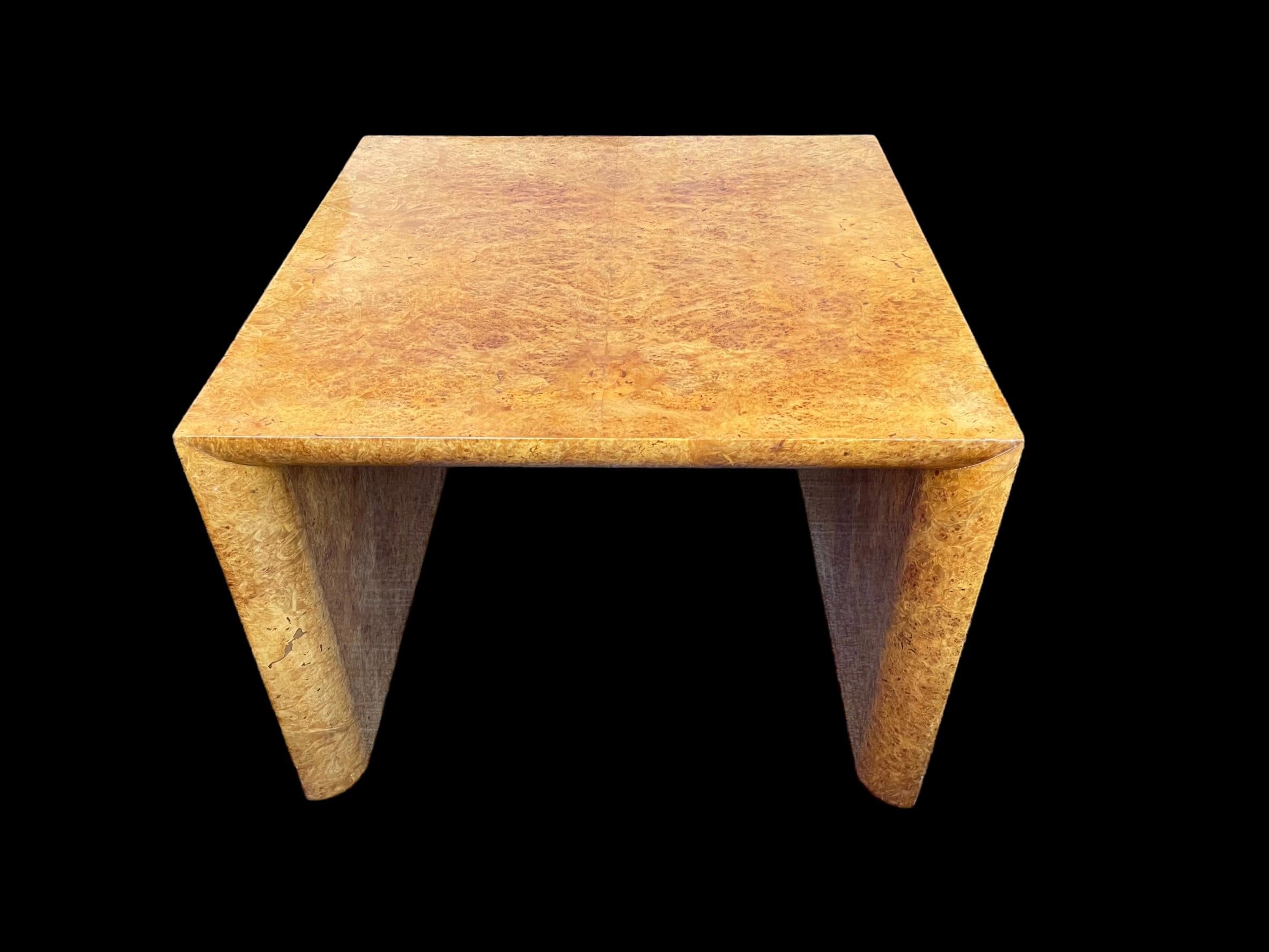 A fine and rare Art Deco Side Table in golden burr walnut. The square top with two solid sides. Very high quality and extremely heavy! 
Our restorer has over 40 years of furniture restoration experience including 15 years living at Windsor Castle