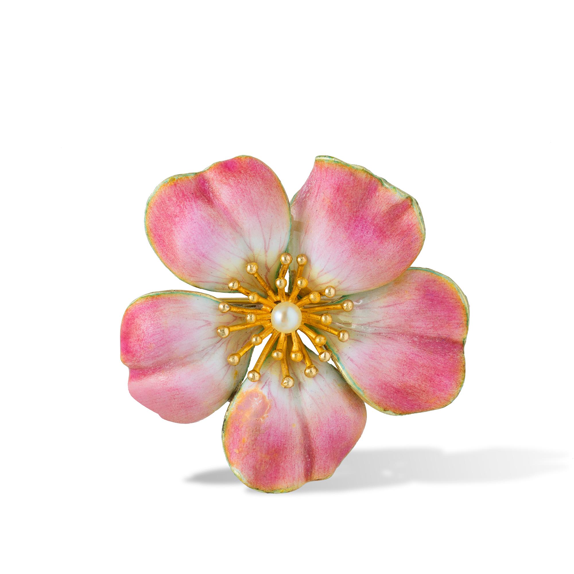 A fine Art-Nouveau enamel and pearl brooch and earrings set in the form of cherry blossom, the shaded pink and white enamelled flower heads with natural pearl centre and yellow gold pistil all to yellow gold mount with yellow gold screw and brooch