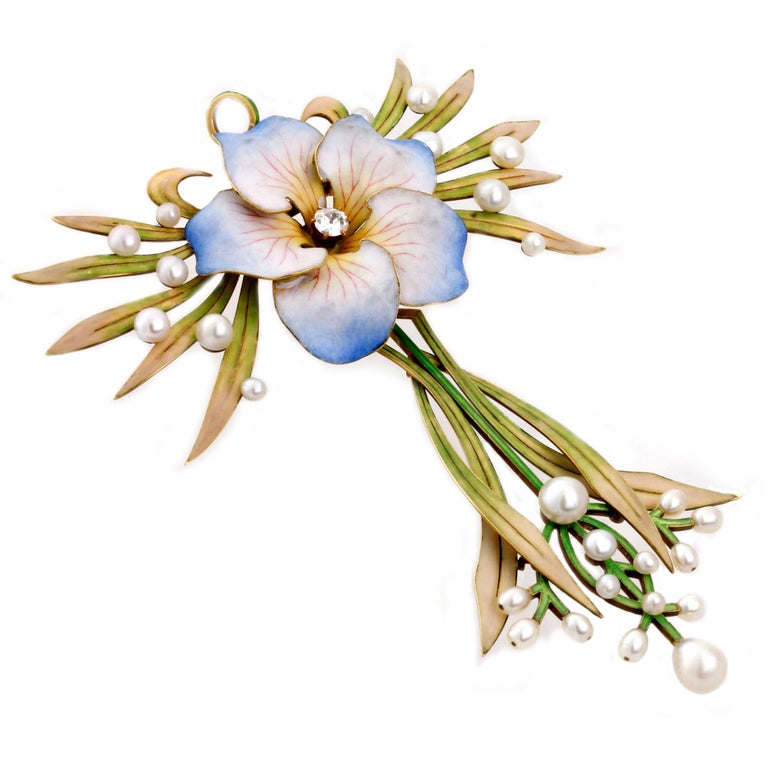 Brilliant Cut Fine Art Nouveau Enamel and Pearl Flower Pendant For Sale