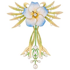 Fine Art Nouveau Enamel and Pearl Flower Pendant