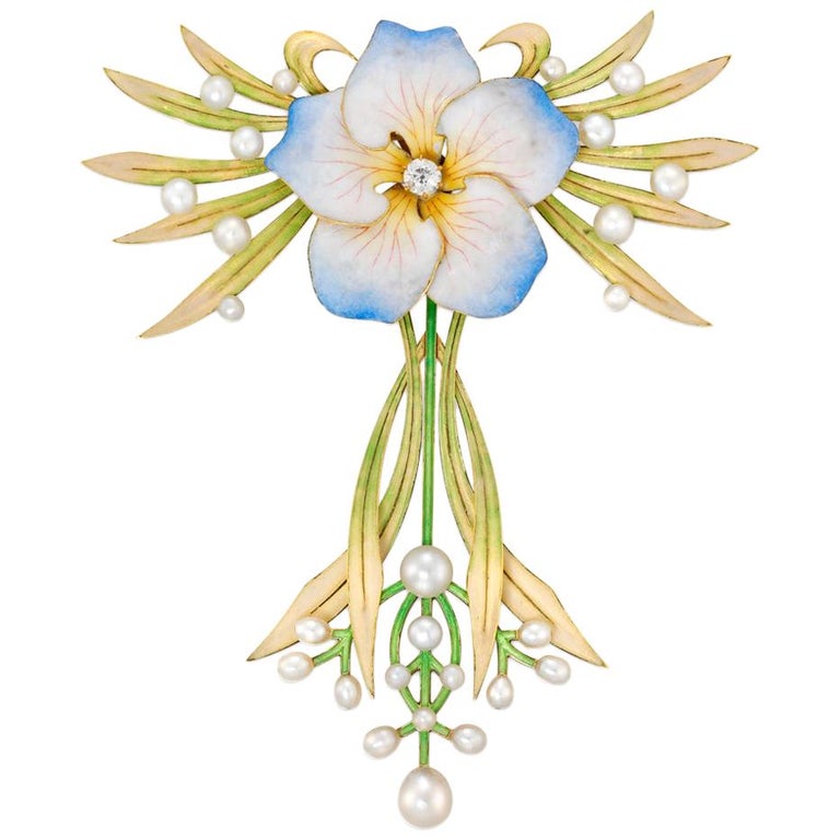 Fine Art Nouveau Enamel and Pearl Flower Pendant For Sale