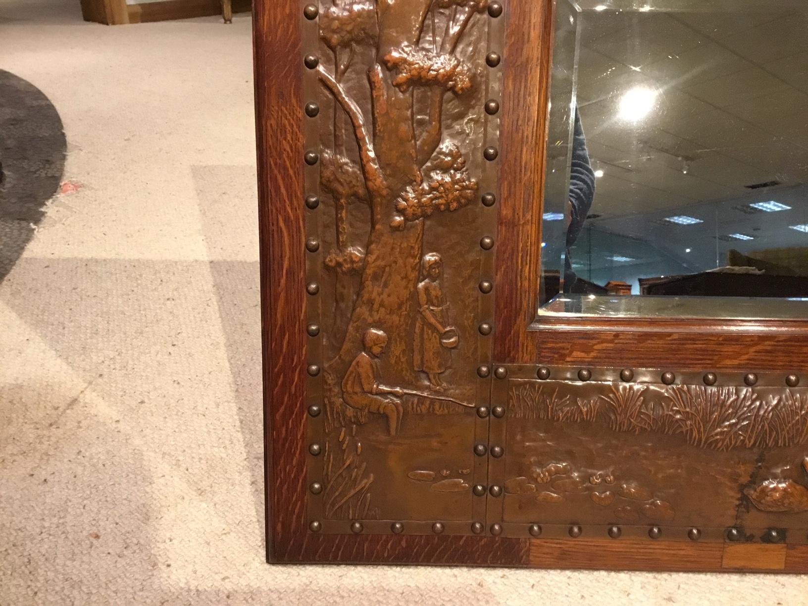 Early 20th Century Fine Arts & Crafts Period Oak and Copper Mirror