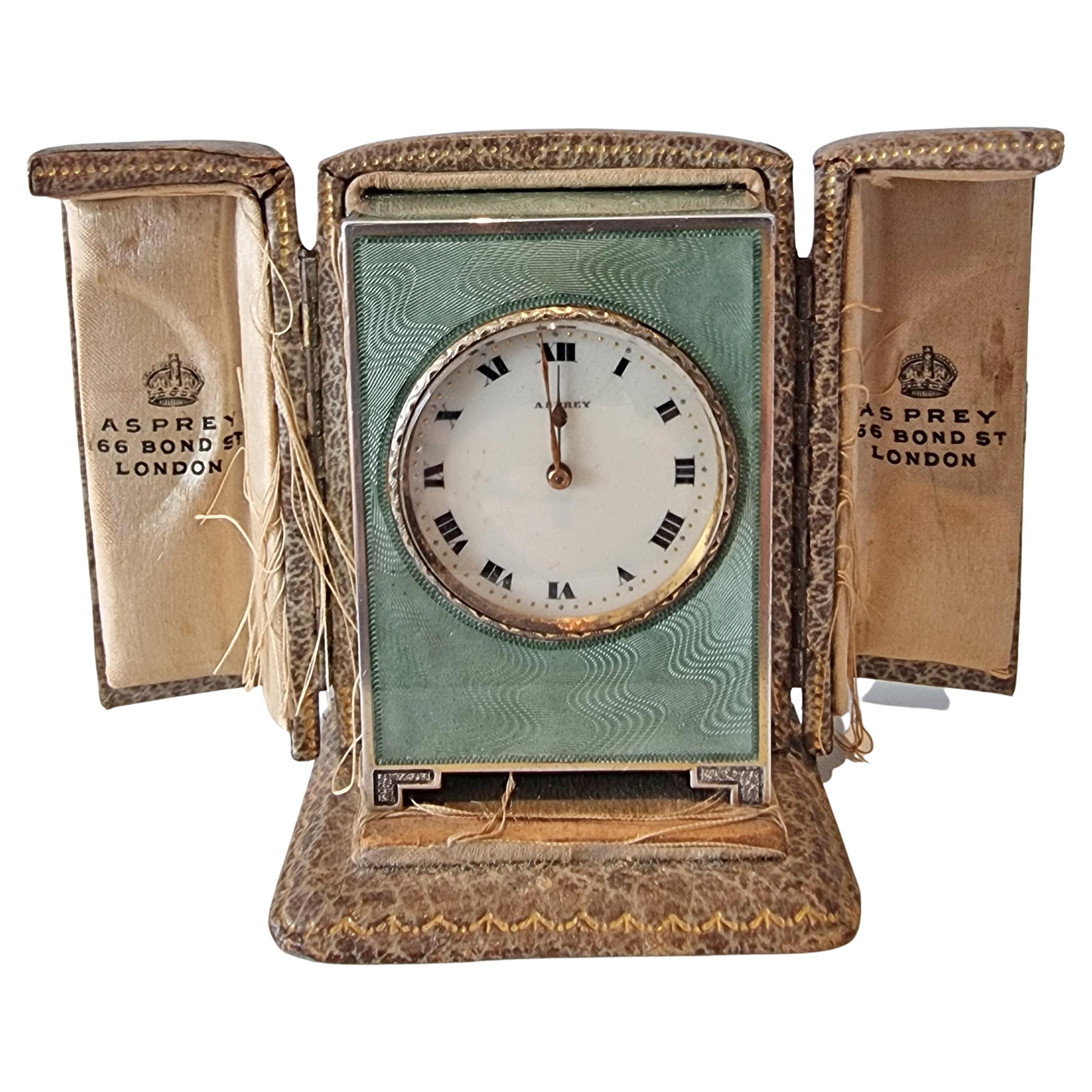 Fine Asprey Silver and Guilloche Enamel Miniature Boudoir Clock in Case For  Sale at 1stDibs